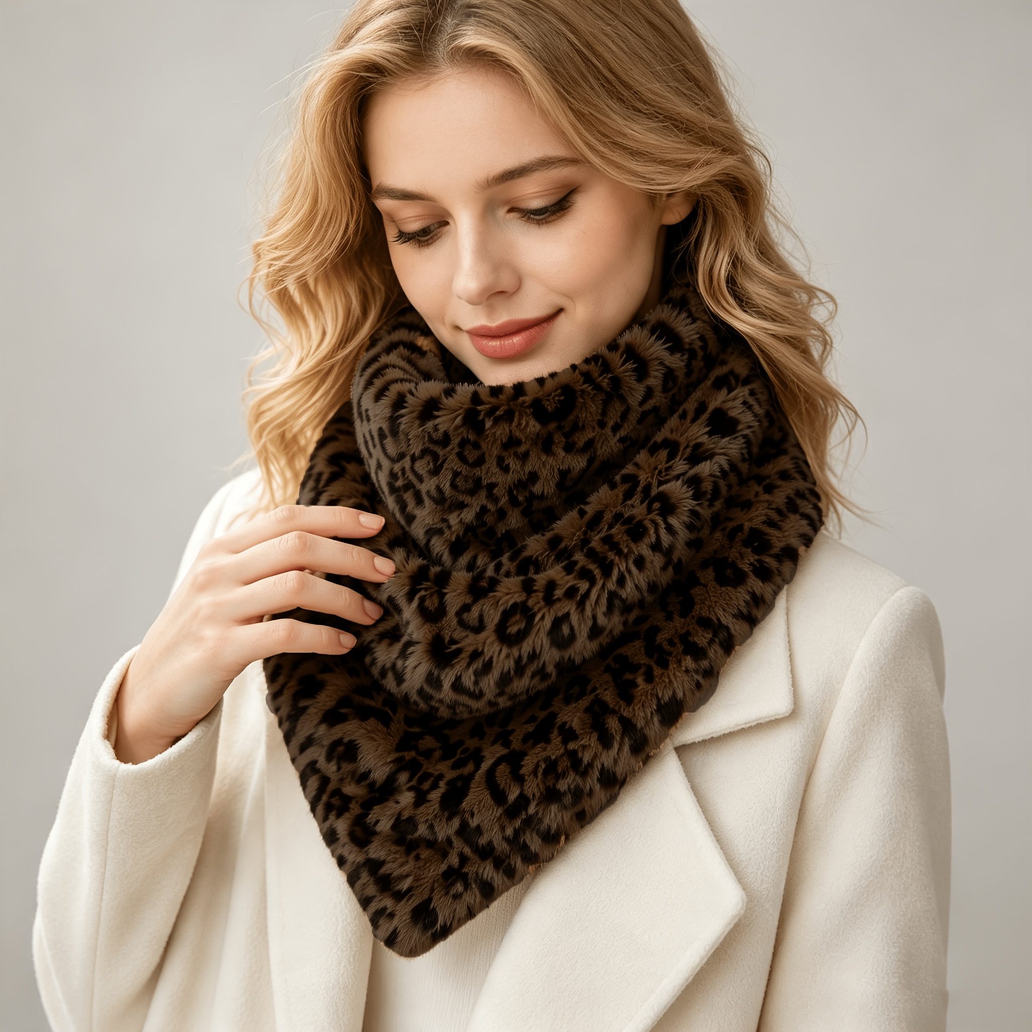 TEMU Vintage American Leopard Print Fluffy Neck Warmer, -friendly Triangle Scarf, Daily Winter Neck