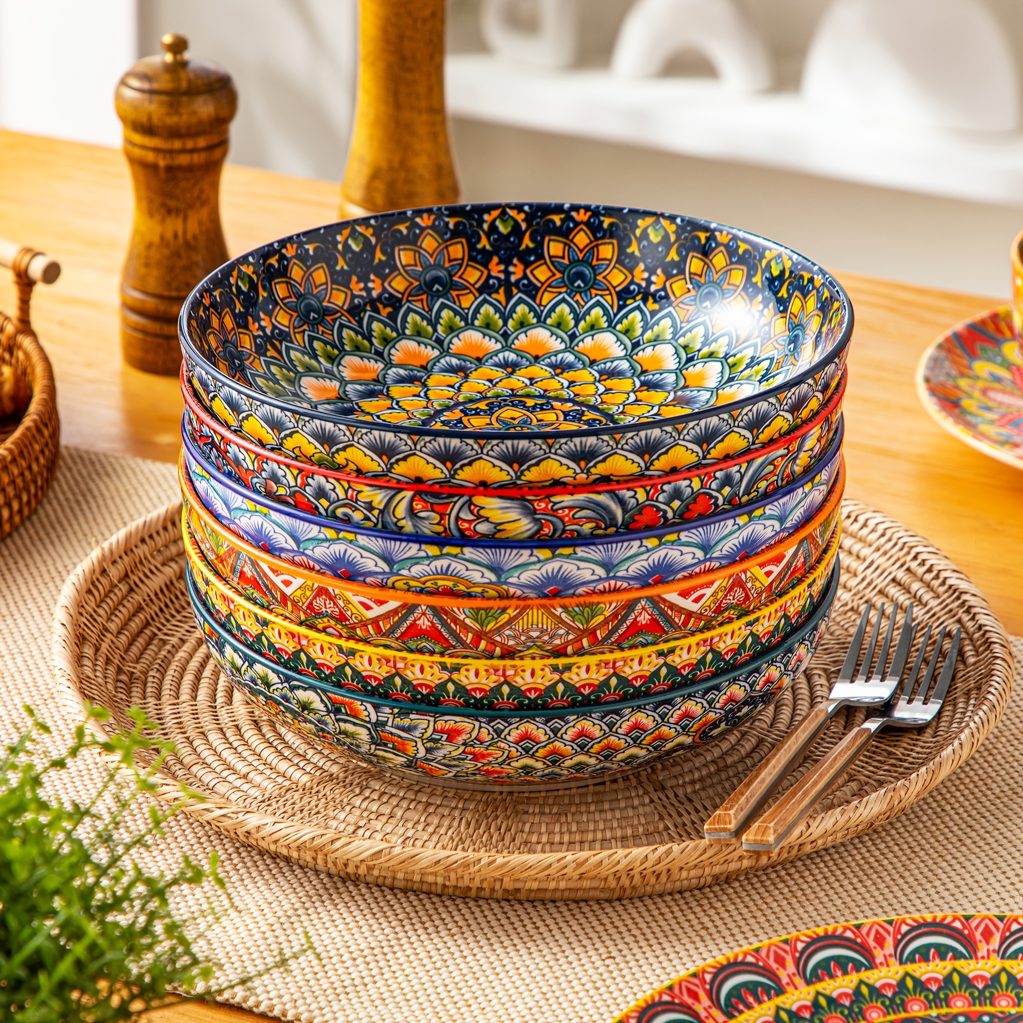 Set Of 6 Bohemian-style Porcelain Salad And Pasta Bowls With Double-sided Patterns, Safe For Microwave And Dishwasher Use