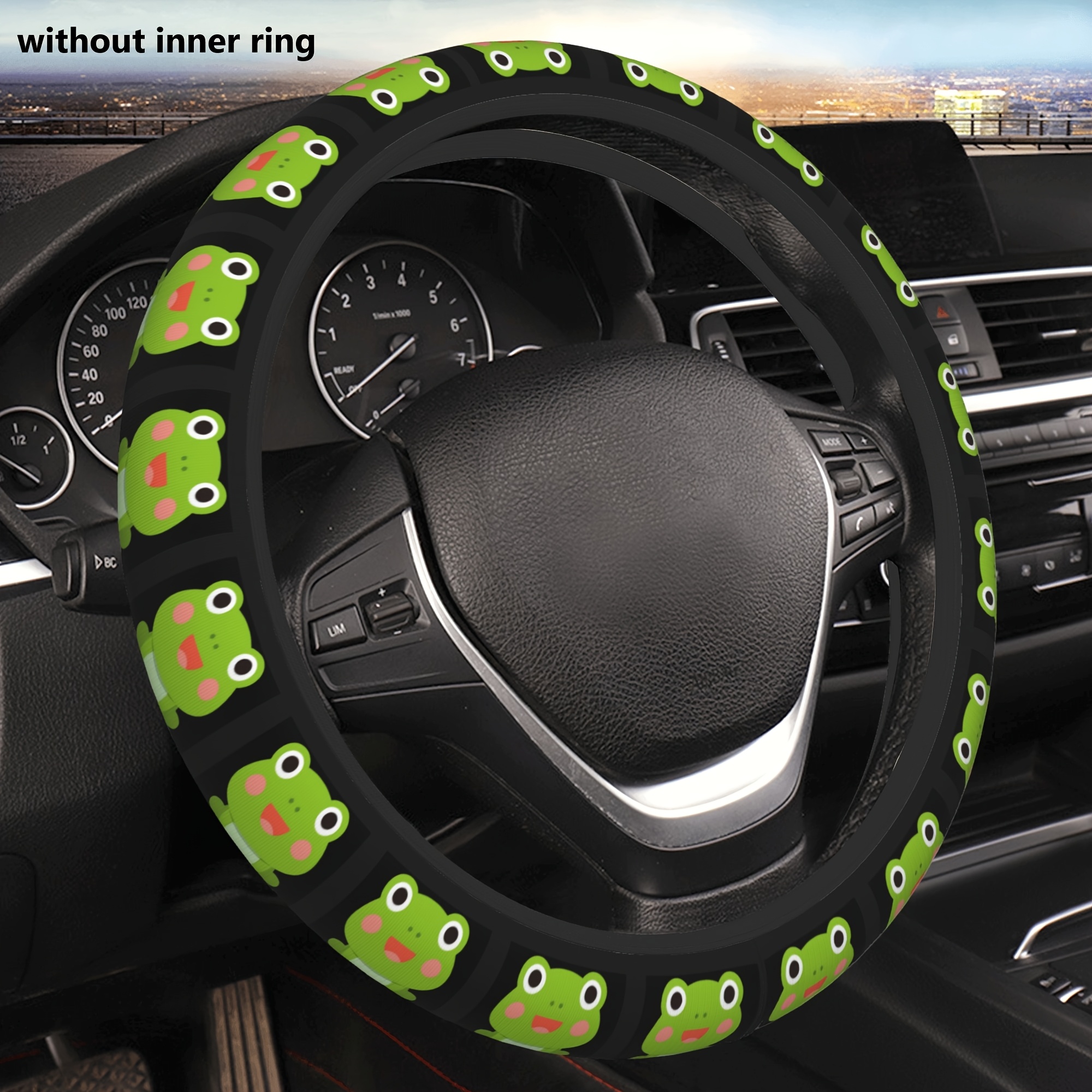 TEMU Cartoon Print Non-slip Steering Wheel Cover - 15" Fit For Cars & Suvs, Thick Neoprene Rubber With Fun , No , Enhances Car Interior Decor, Frog