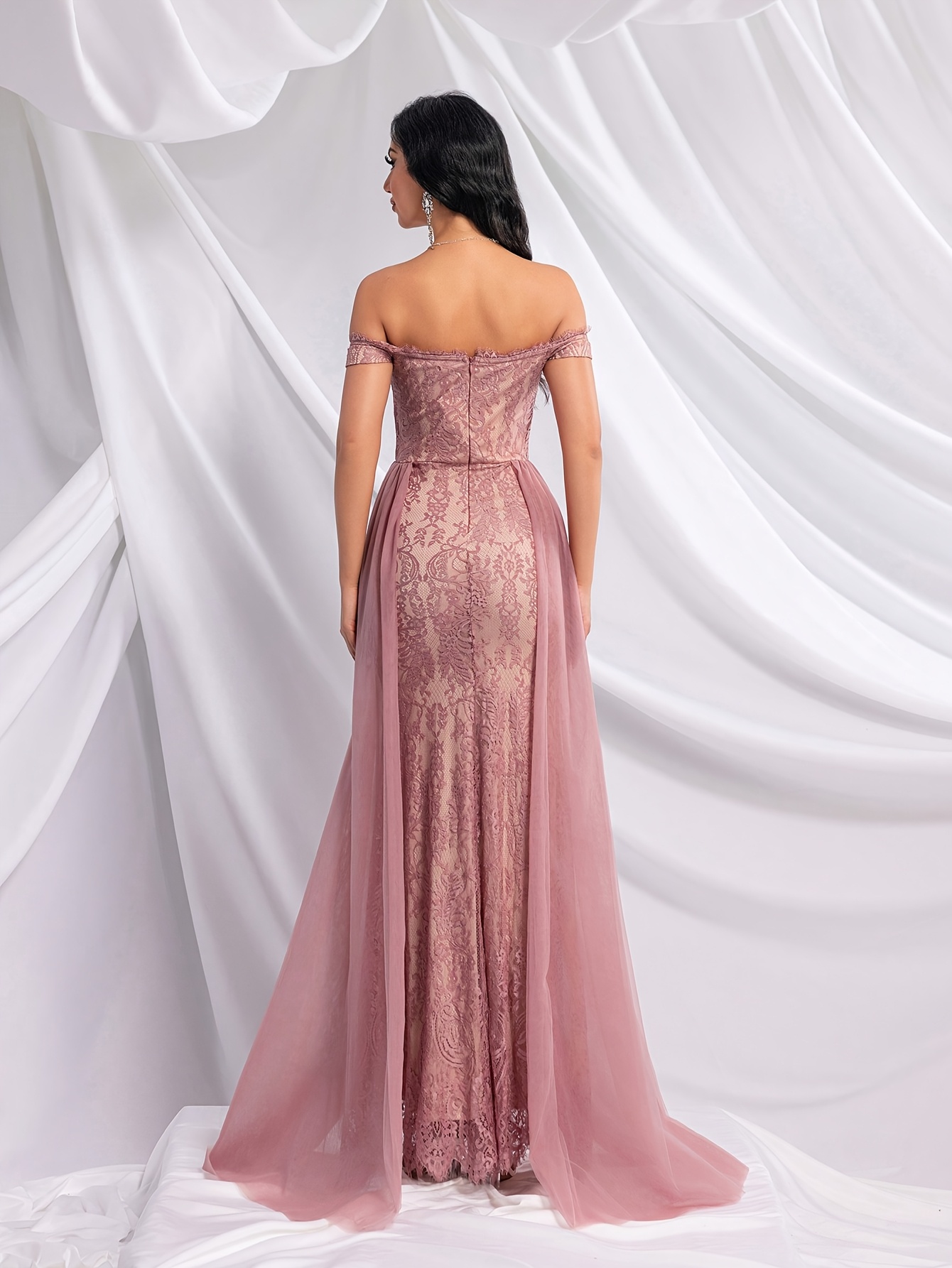 elegant shoulder lace gown women solid color sheer mesh - Temu United Arab  Emirates