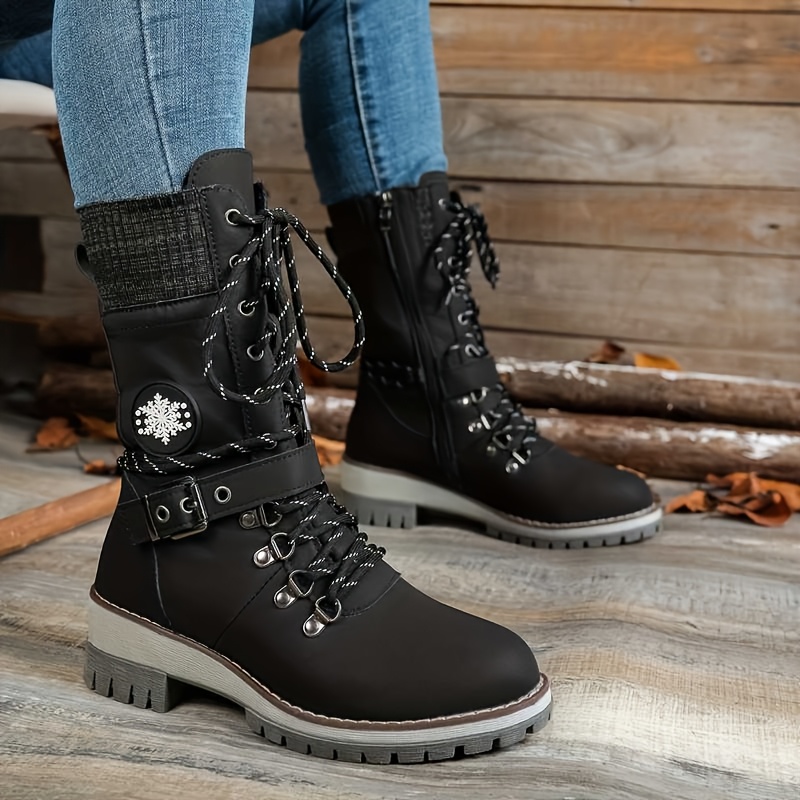 Image of Women Vintage Knit Trim Mid-calf Winter Combat Boots, Lace- Zipper Warm Lined Snow Boots, Thick Tpr Weather Casual Outdoor Walking Boots, Women Shoes
