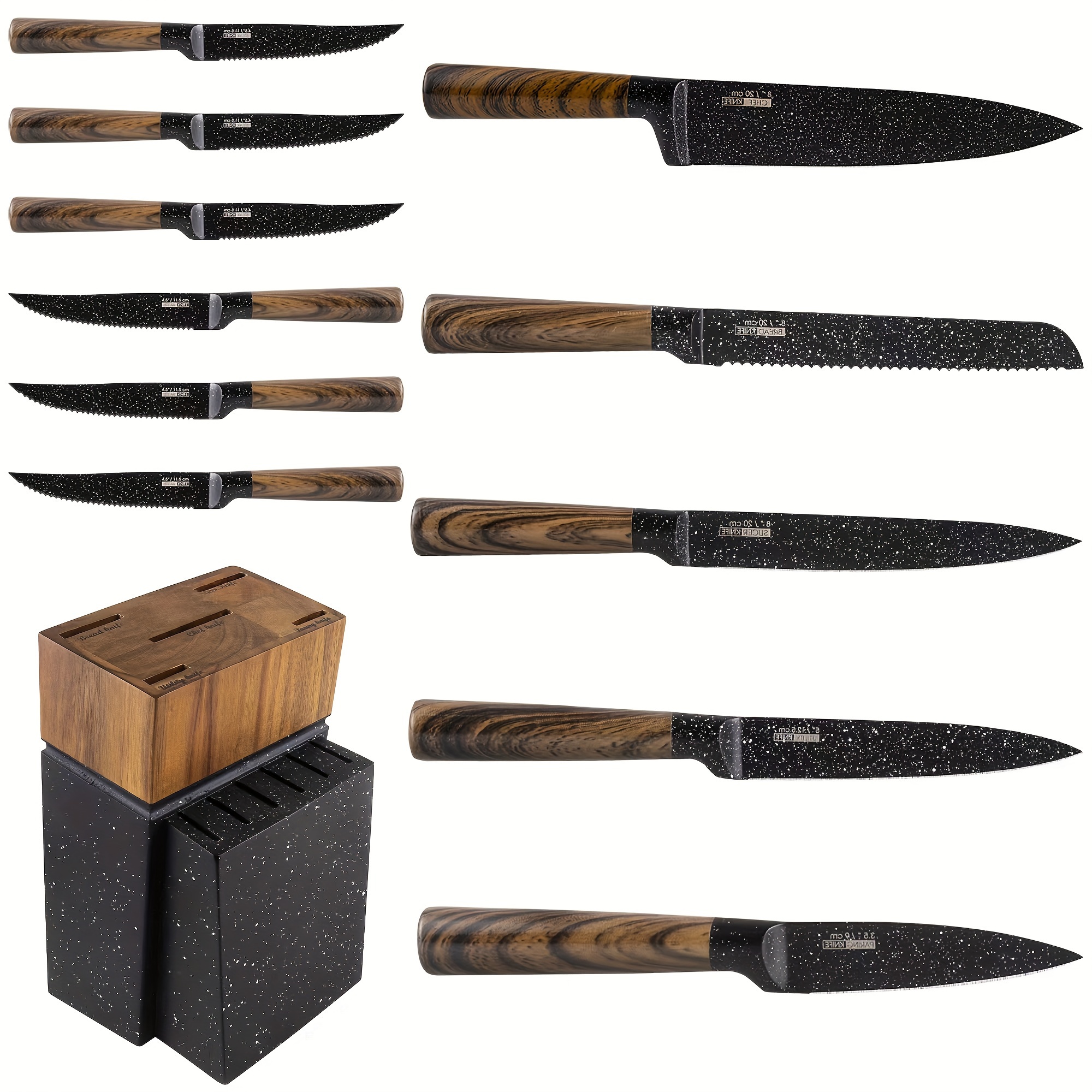 

12-piece Kitchen Knife Set With Wooden Block, Professional Chef With Steak Knives, High Carbon German Stainless Steel Knife With Japanese Designed Wooden Pattern Stainless Handle