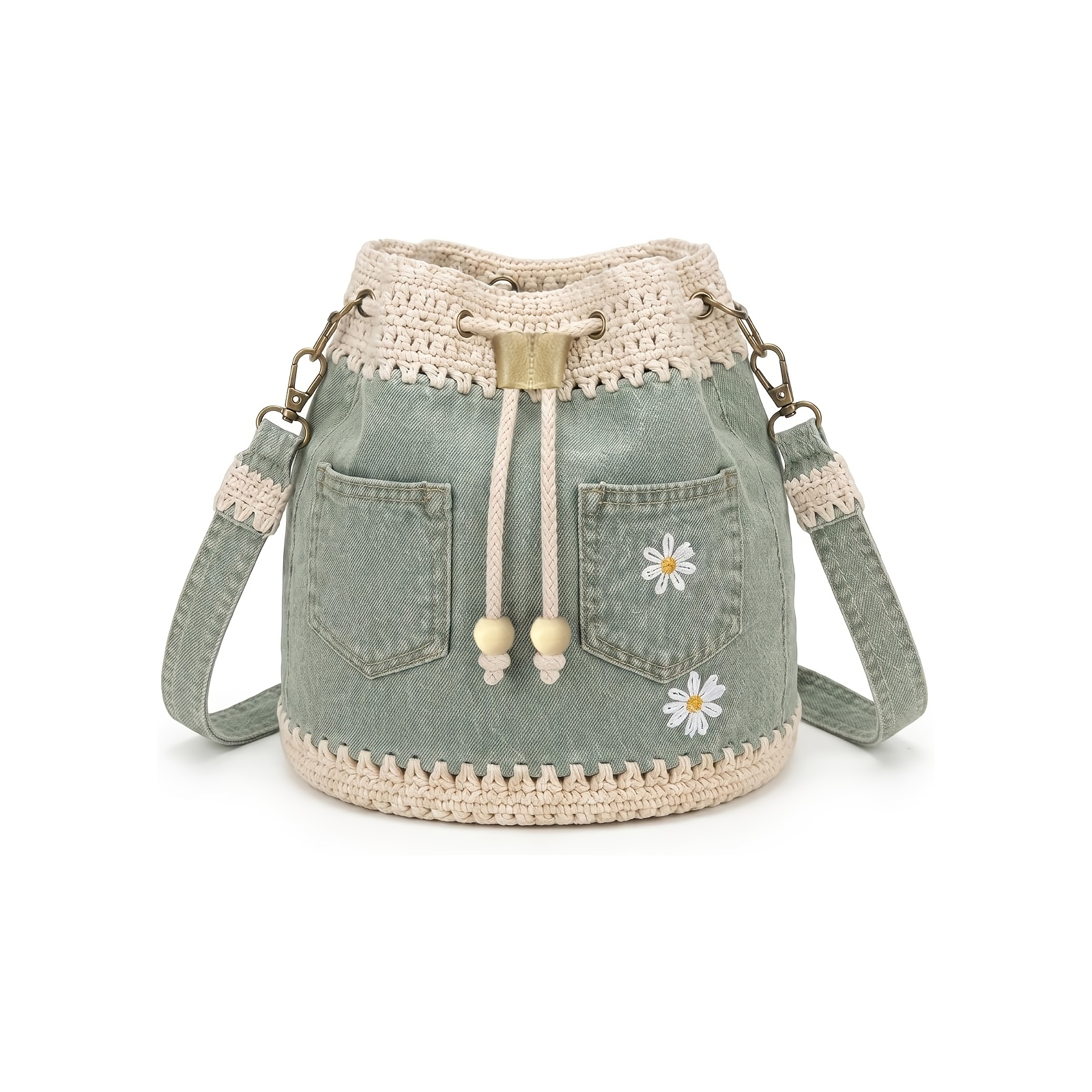 1pc Crochet Bucket Bag, Drawstring Crossbody Shoulder Purse | Boho Handbag For Women, Casual Vintage Tote Bag With Adjustable Strap For Travel, Shopping, Beach & Daily Use