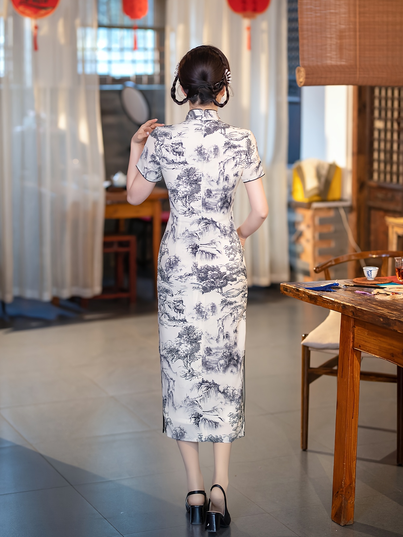 robe cheongsam jardin à l'encre blanche qipao en Temu Belgium