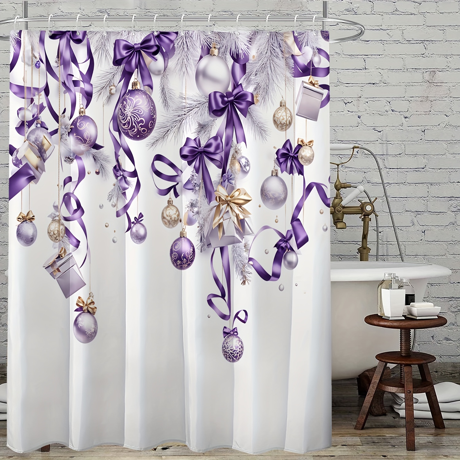 

Christmas Shower Curtain Set , 71x71 - Polyester Bath Curtain, Purple Decorative Ornaments & Ribbons Pattern, ,