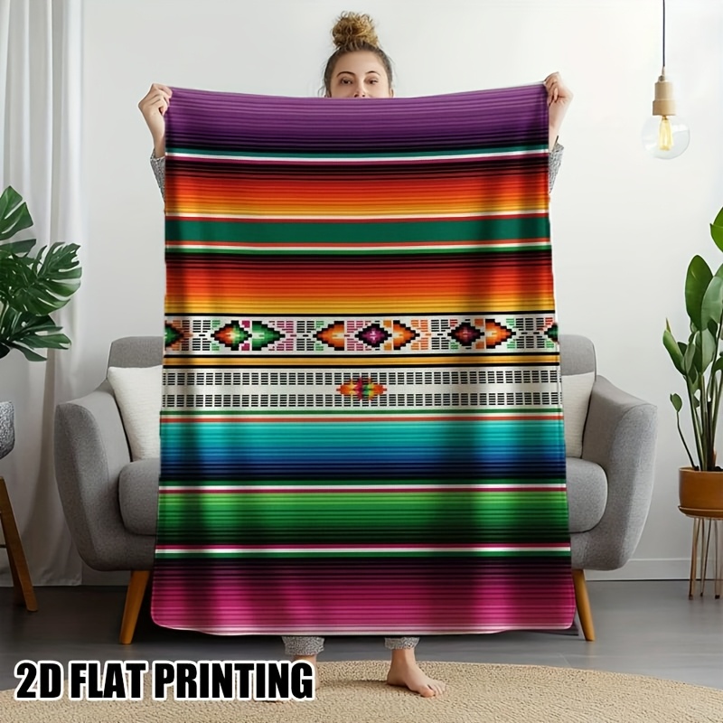 TEMU 1pc Mexican Serape Blanket - Southwestern Bedspread With Multicolor Stripes & Serape Pattern, Lightweight Flannel Suitable For , Warm Bed Cover