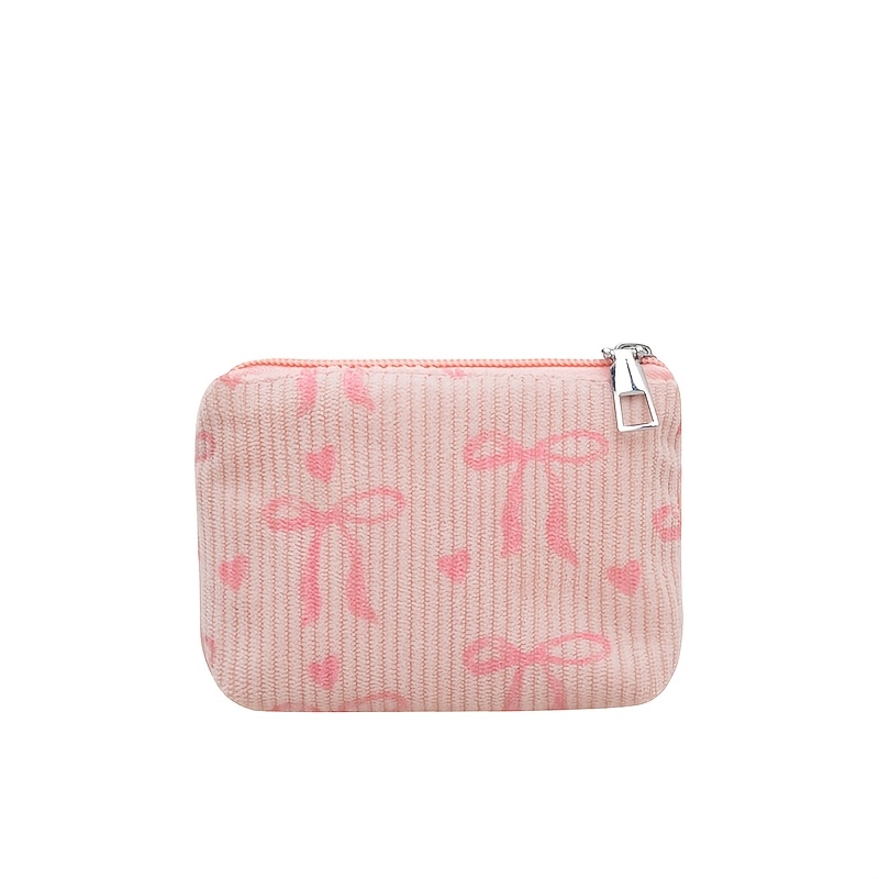 TEMU 1pc Japanese/korean Vintage Style Corduroy Mini Coin Purse With Bow And Heart Print, A Portable Travel Organizer Bag Suitable For . Made Of