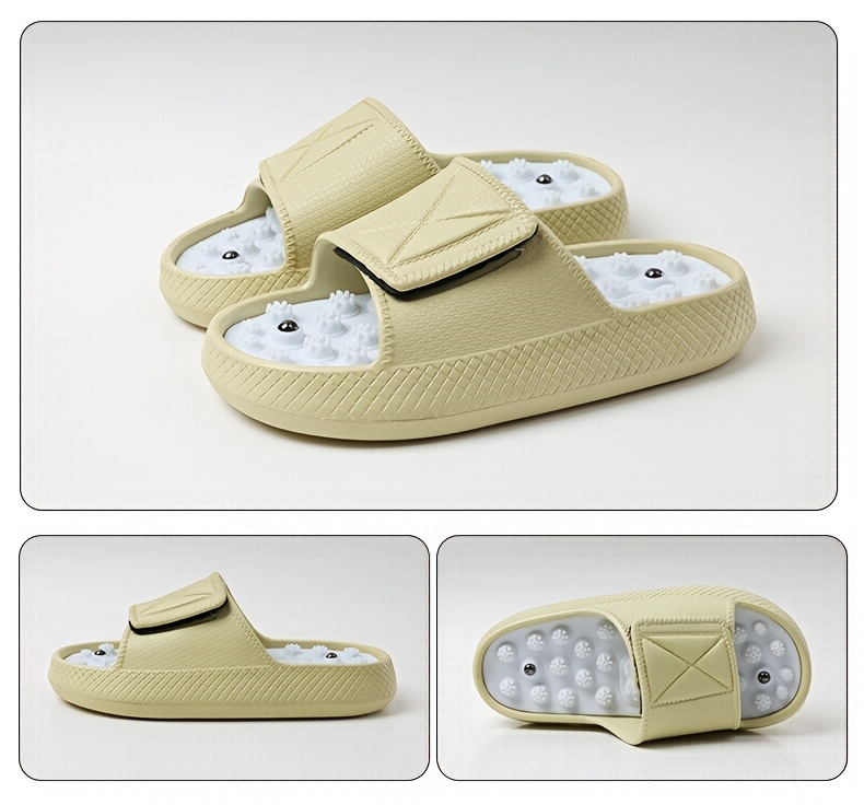 mens   slides non slip thick   beach sandals casual eva upper pvc insole beige white with black accents   indoor outdoor relaxation everyday slippers textured strap design eva construction summer sandals Product details 6