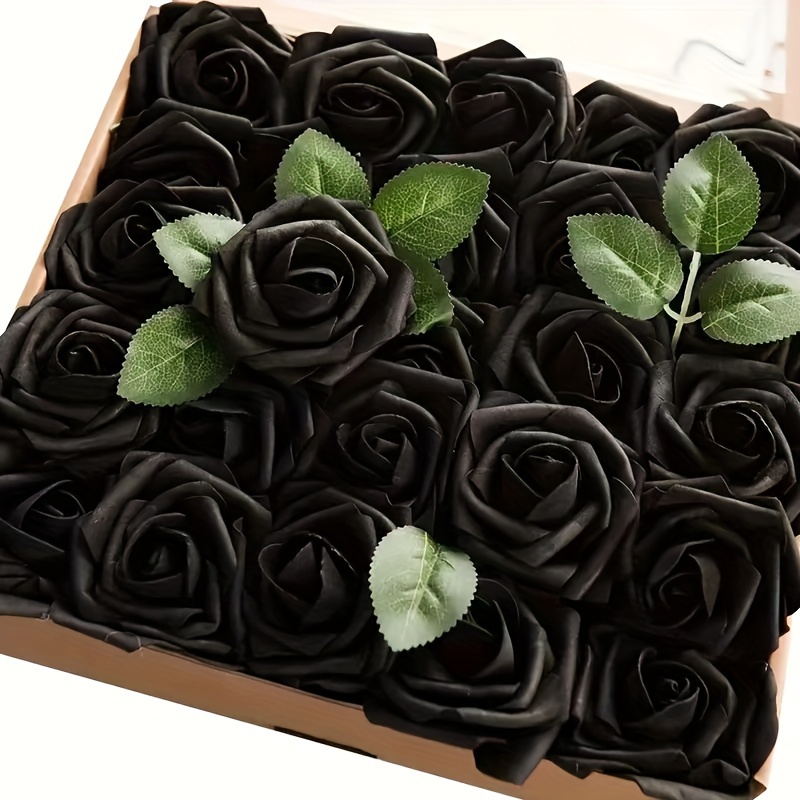 

25-pack Black Artificial Roses Pet Material – Vintage Style Foam Fake Flowers For Diy Bouquets & Centerpieces, Ideal For Weddings, Engagements, Birthdays & Home Decor