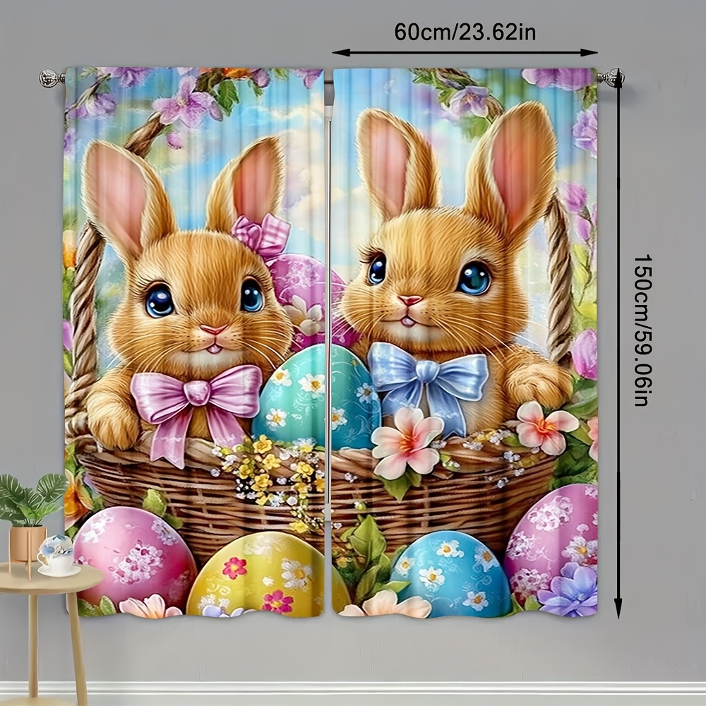 TEMU 2pcs Easter Bunny And Eggs Print Curtains, Contemporary Semi-sheer Polyester Rod Pocket Drapes For Bedroom, Office, Kitchen, Living Room -