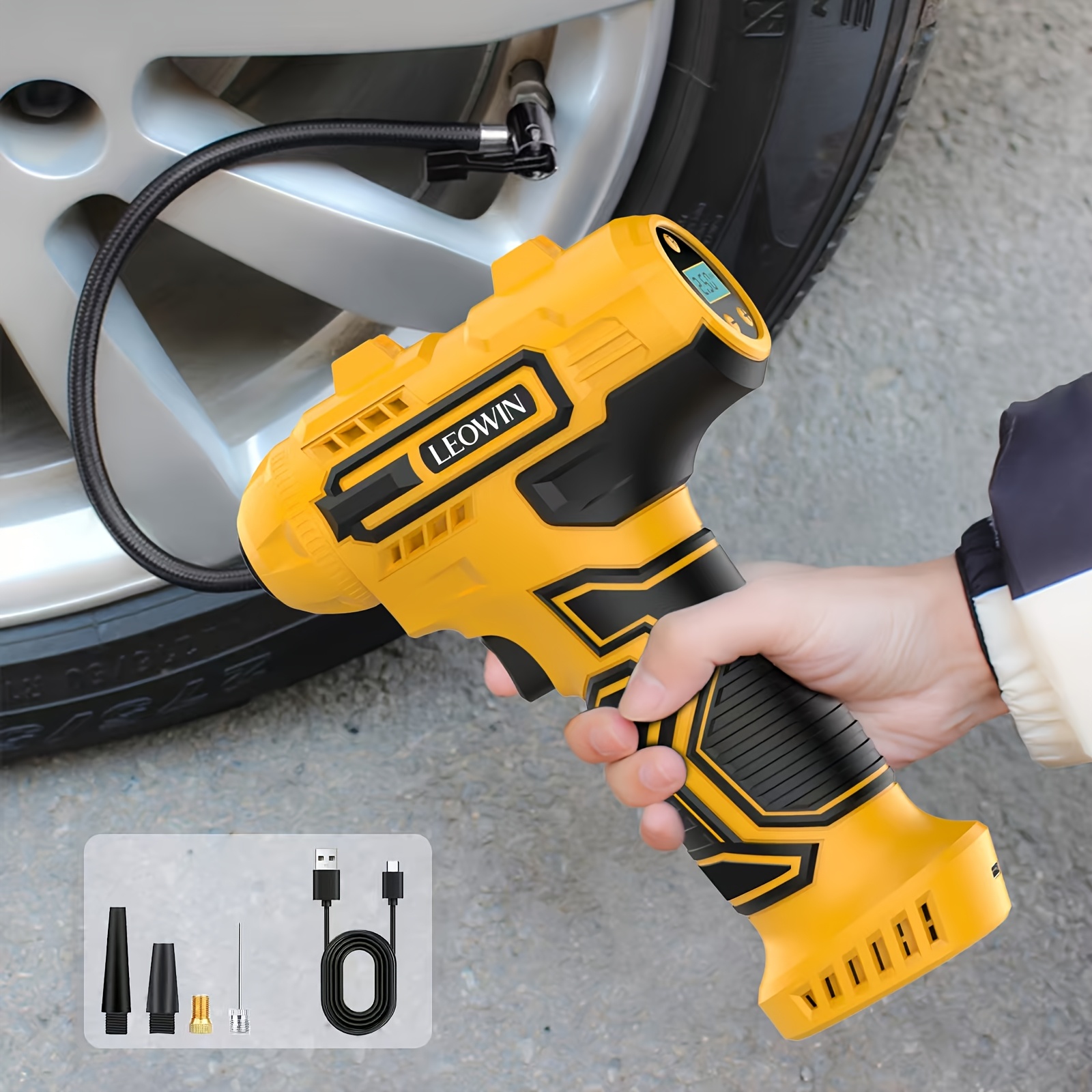 TEMU Cordless Tire Inflator, Portable Air Compressor With Auto Shut-off, 150 Psi Car Tire Pump With Digital Pressure Gauge/led Light For Cars,