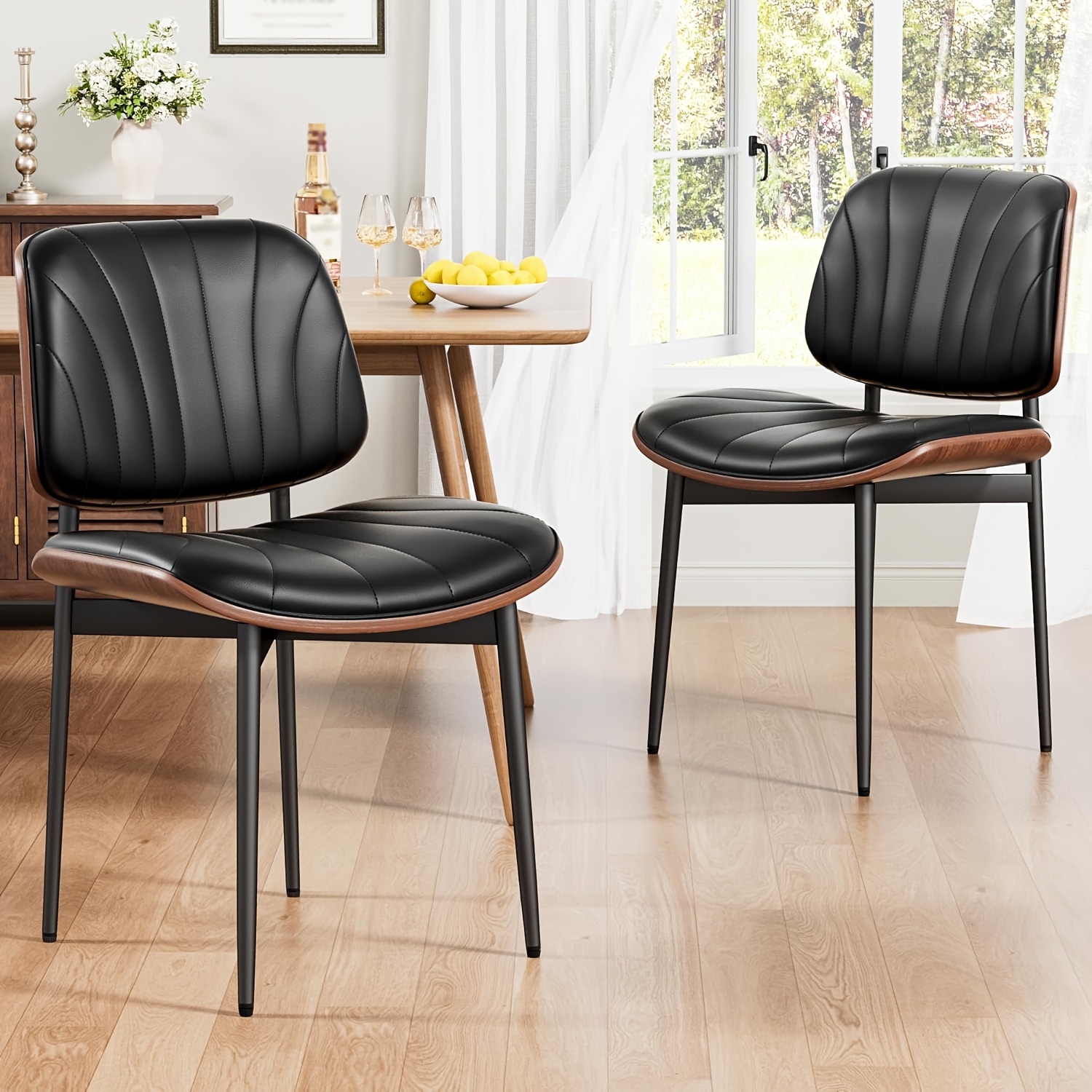 Padded Seat & Backrest - Modern Faux Leather Dining Chairs - Set Of 2 - Metal Legs with Adjustable Feet - for Kitchen, Dining Room, Office