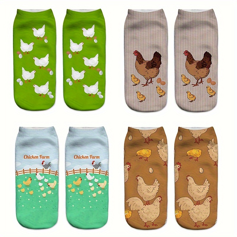 

4 Pairs 3d Digital Printed Short Socks, Chicken Pattern Funny Novelty Short Socks, Women's Stockings & Hosiery