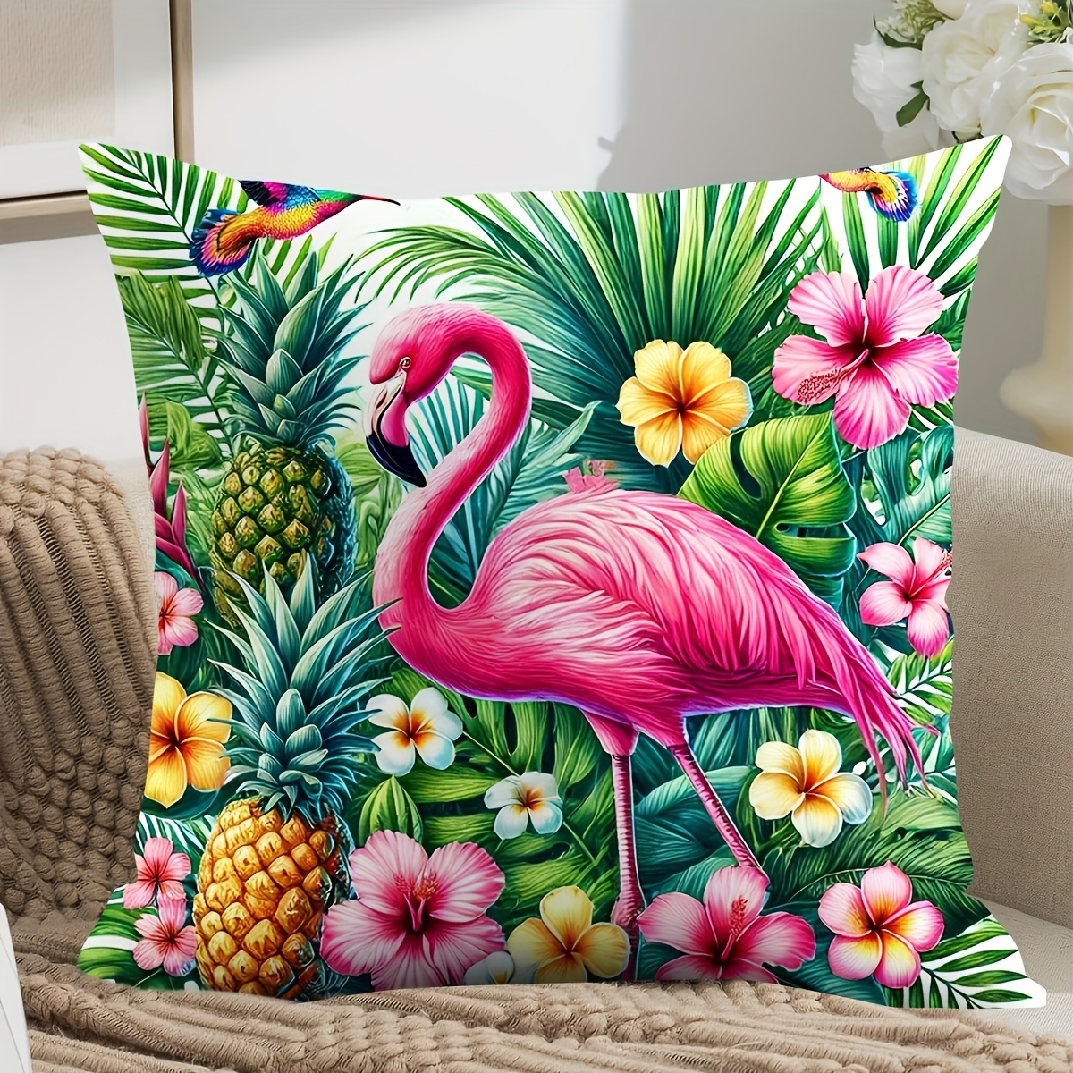 TEMU Housse de coussin 1 pièce rose et fleur , 100 % polyester, 17,72 x 17,72 pouces, impression , fermeture à glissière, lavable en machine, style