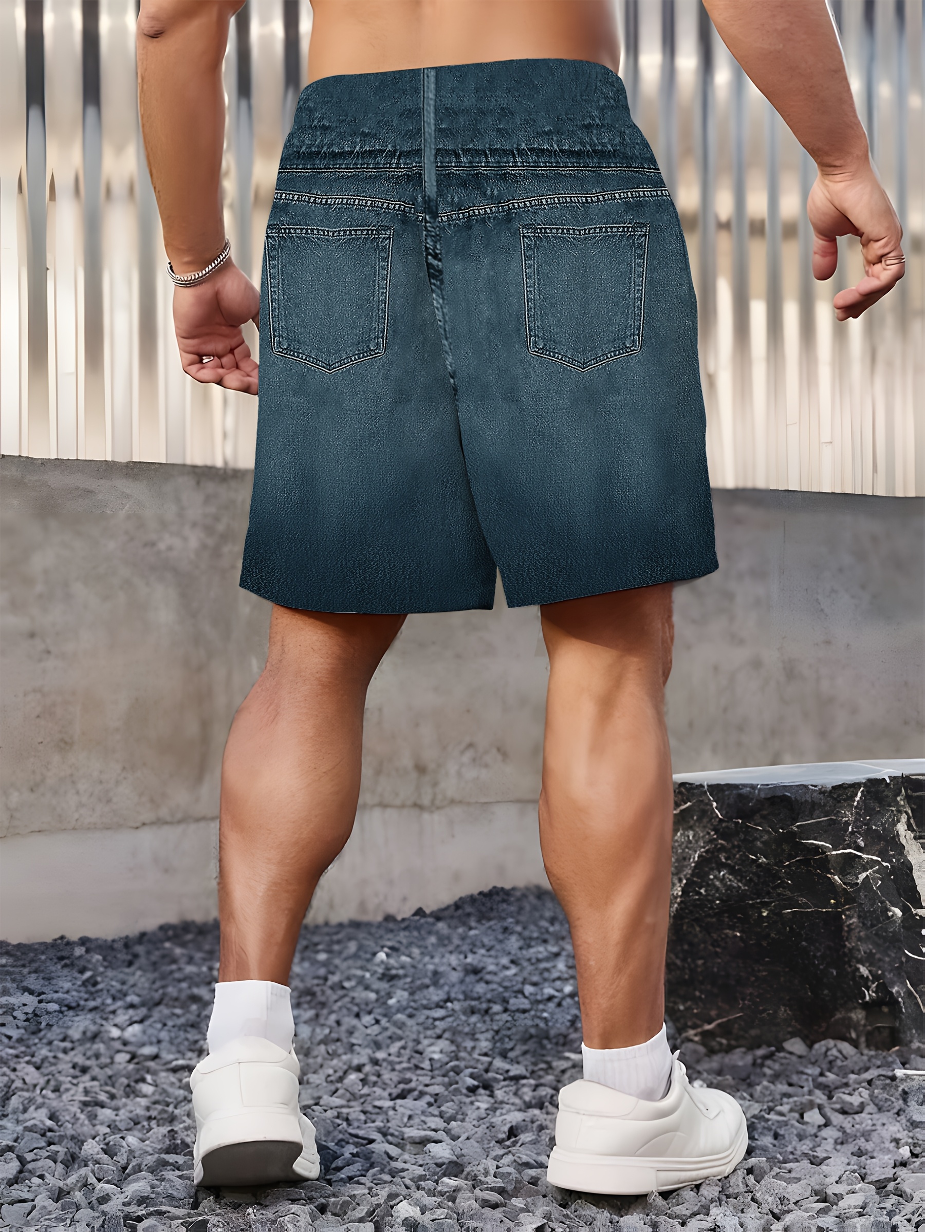 Men'S Casual Stylish Visual Illusion Faux Denim Patterned Digital Print Shorts, Plus Size