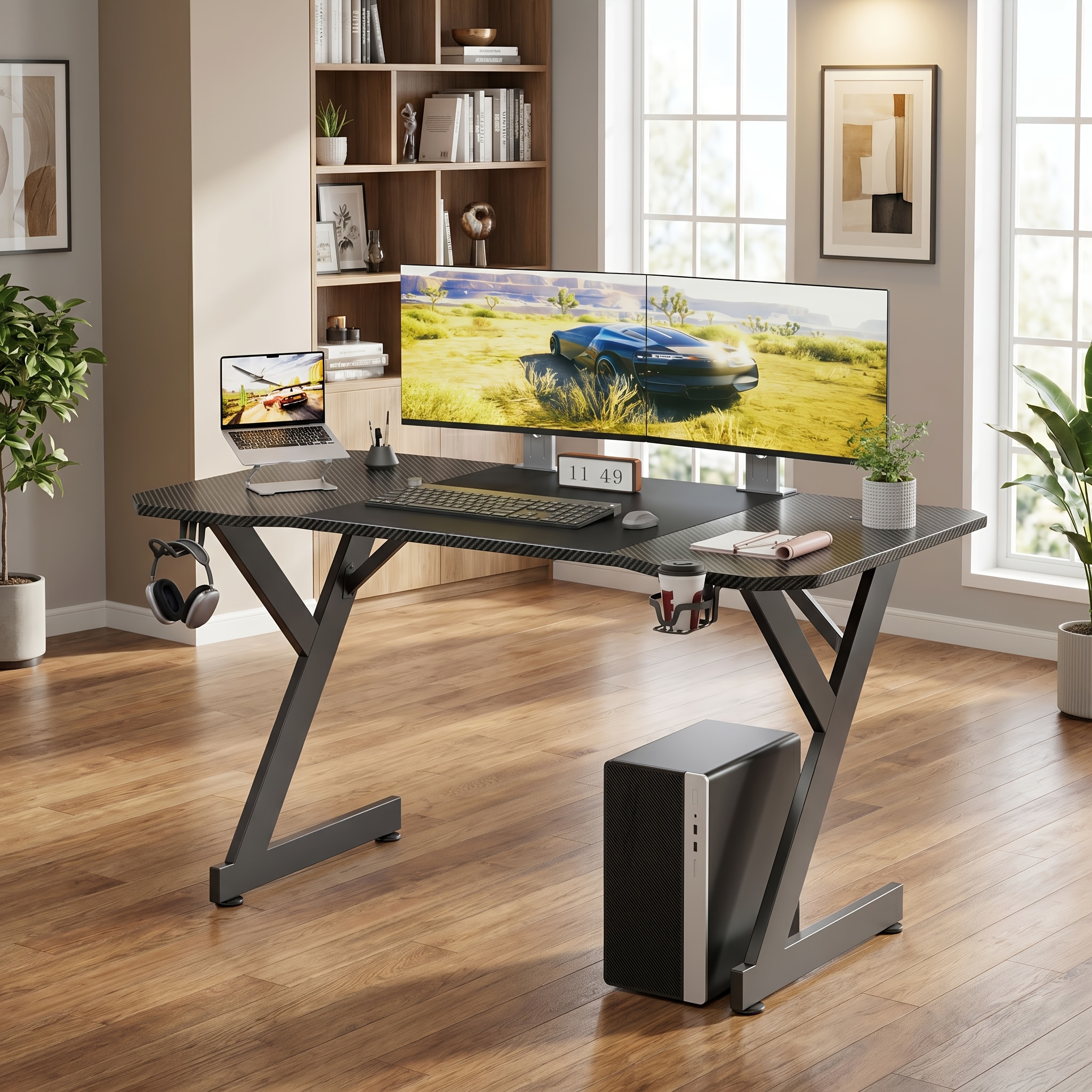Image of Sturdy Y-shaped Gaming Desk, Carbon Fiber Textured Computer Desk With Cable Management Holes, Adjustable Leg Pads Computer Table With Cup Holder & Headphone Hook Desk For Home Office, Bedroom, Black