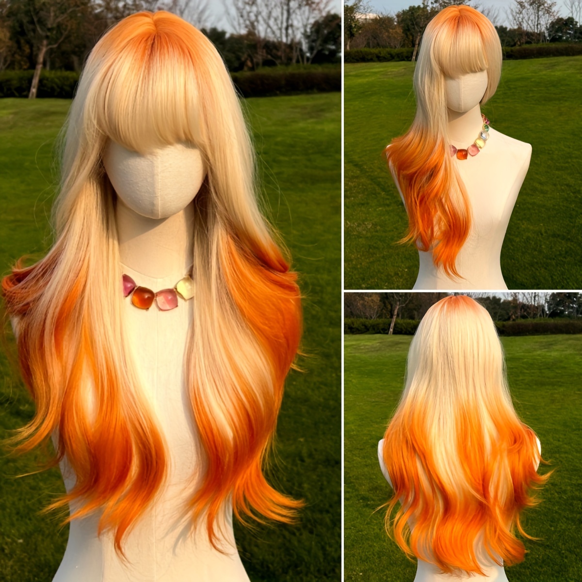 TEMU -inch Long Wig Featuring Platinum Blonde And Waves, With Air Bangs And Curly Tips. Made From Synthetic Fibers, It Offers A . Ideal For Cosplay,