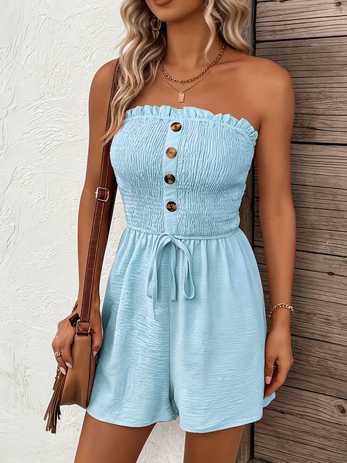 solid color strapless romper with button detail