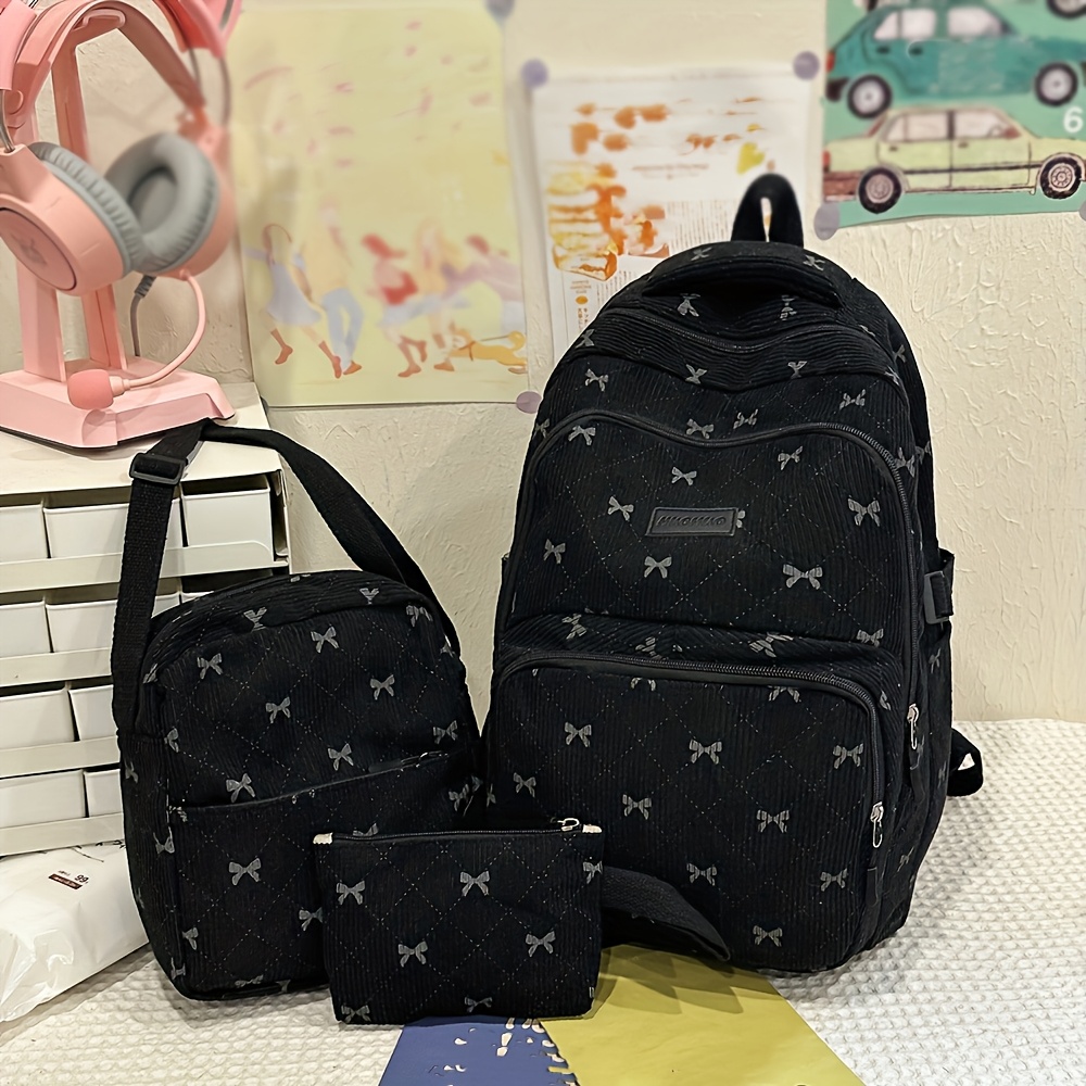 TEMU Women'-piece Bag Set, Ins Bow Backpack, Corduroy Large Capacity Style Backpack, Korean Trendy Autumn Winter New Casual Versatile Commuter