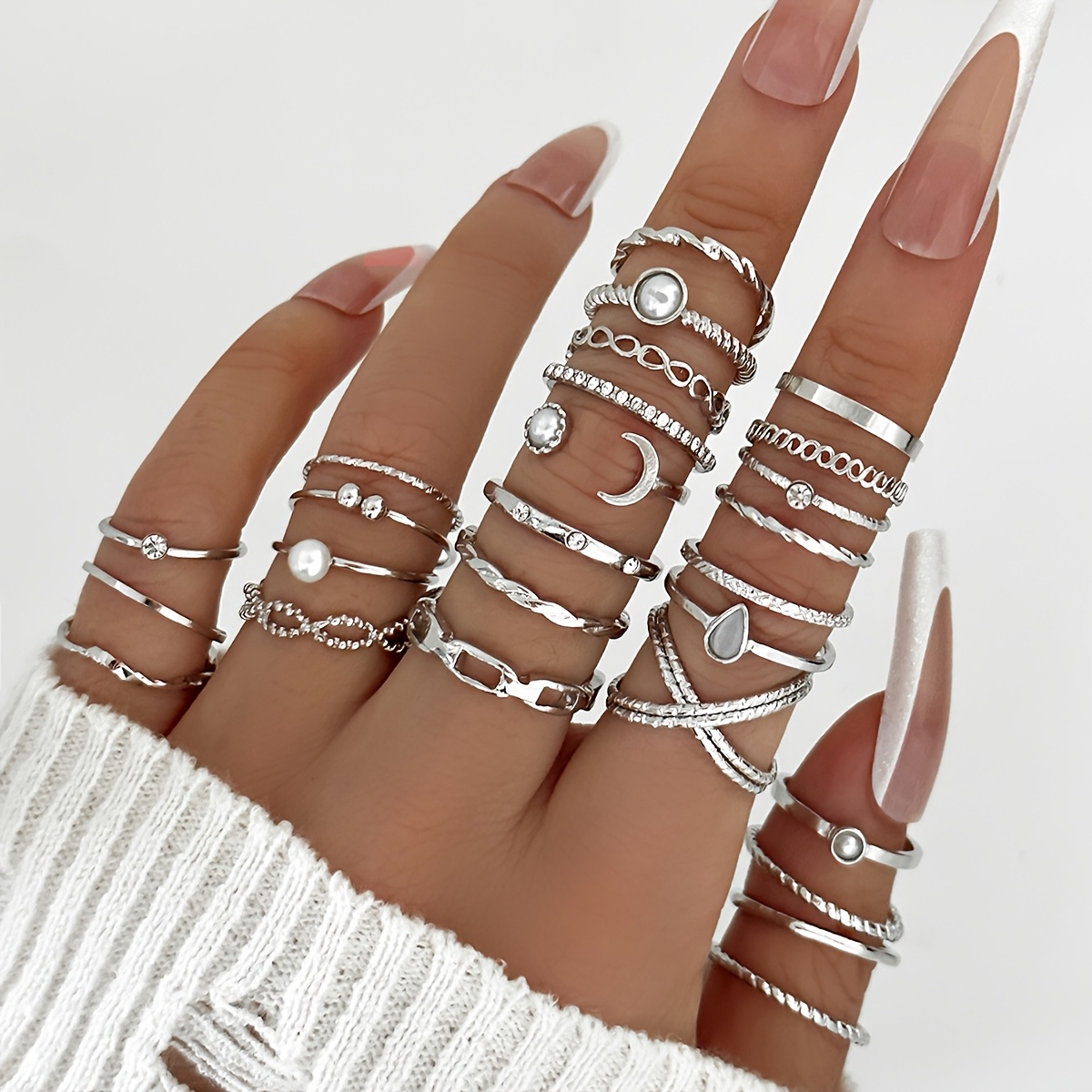E-shop 26-teiliges Strass & Schichtring-Set - Vintage Mond & Sonne Sonnensystem stapelbare Ringe mit 8-Anhänger für Frauen, Hochzeit, Party,