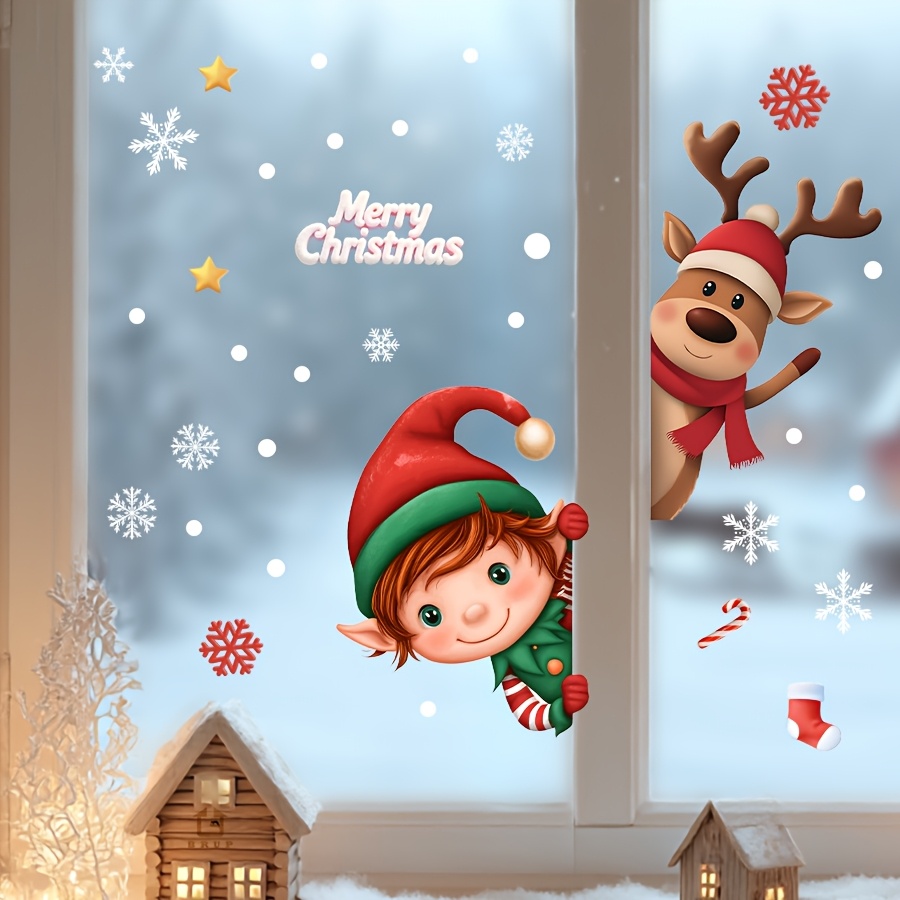 2 Sheets/set Christmas Static Clings Glass Sticker Cute Christmas Elf Reindeer Room Living Room Foyer Shopping Mall Restaurant Window Decorative Art Decal Double-sided Reusable