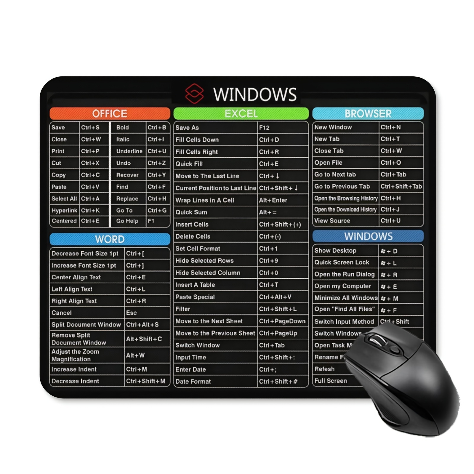 Image of 1pc Shortcuts Rectangle Mouse Pad, For Women And Girls Gaming Mousepad, Non-slip Rubber Mouse Mat, Suitable For Office Computers, Laptops, 9.5 X 7.9 X 0.12 X 0.12 Inches / 24 X 20 X 0.3 Cm