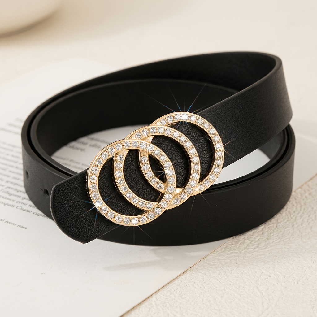 TEMU Cinturón negro para mujer con diamantes sintéticos de de diamantes, hebilla con diseño de triple anillo dorado, versátil para todas , regalo