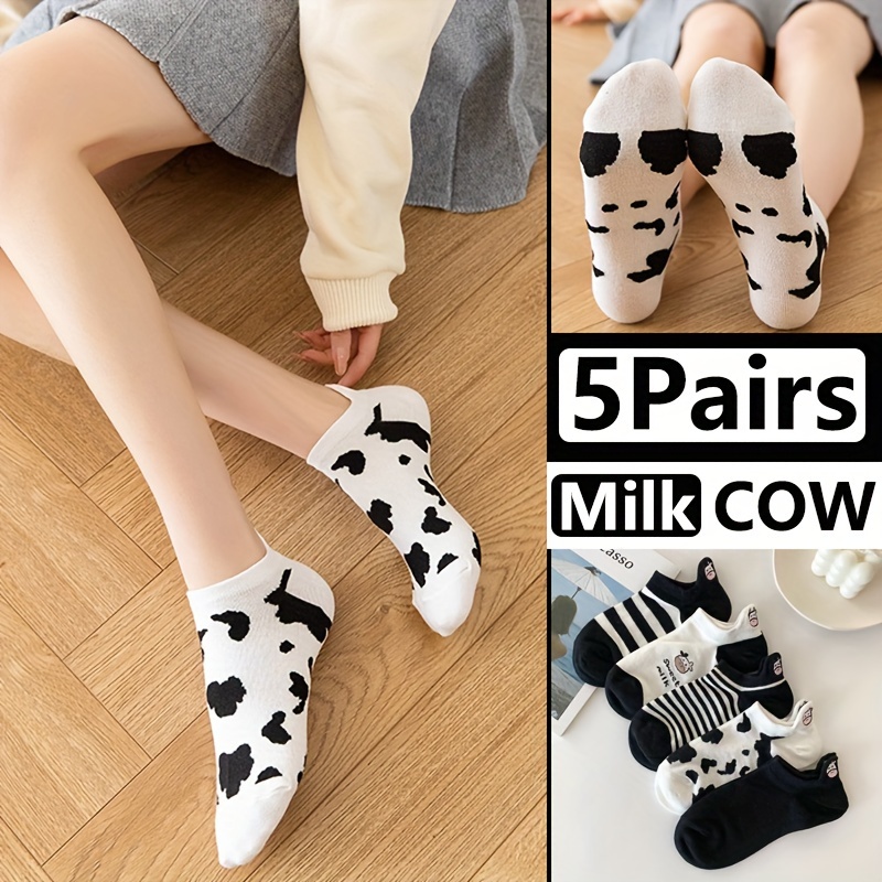 

5 Pairs Breathable Sweat-absorbent Cartoon Athletic Ankle Socks, Fashionable Cow Pattern, Versatile Short Socks For Daily Wear