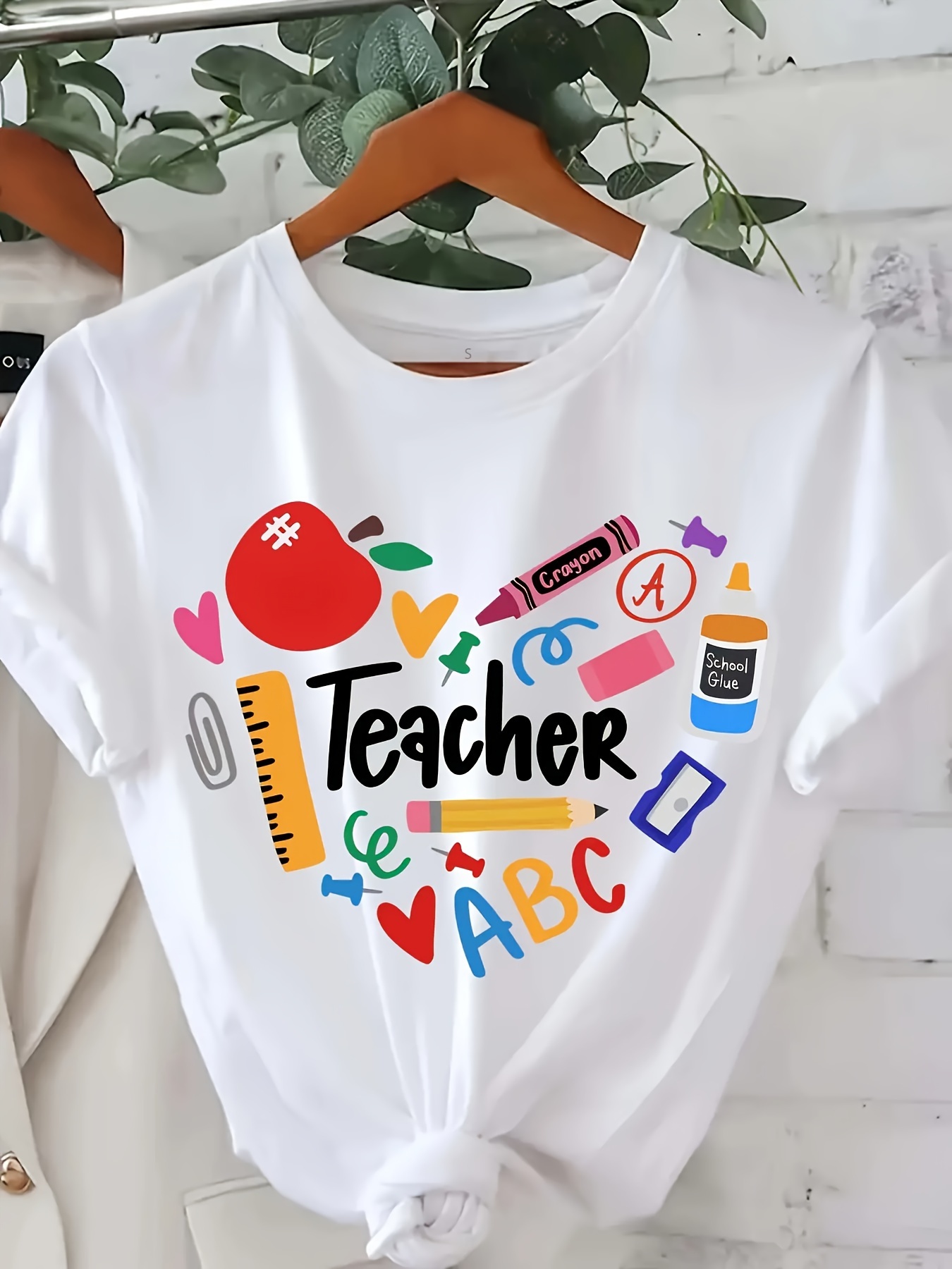 teacher print t shirt short sleeve crew neck casual top for   womens clothing