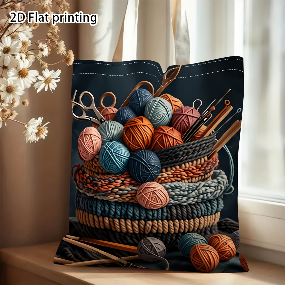 TEMU ["Léger] Sac sur le thème du tricot pour femmes - Grand sac à bandoulière en toile de grande capacité avec impression de fil vif et d'aiguilles,