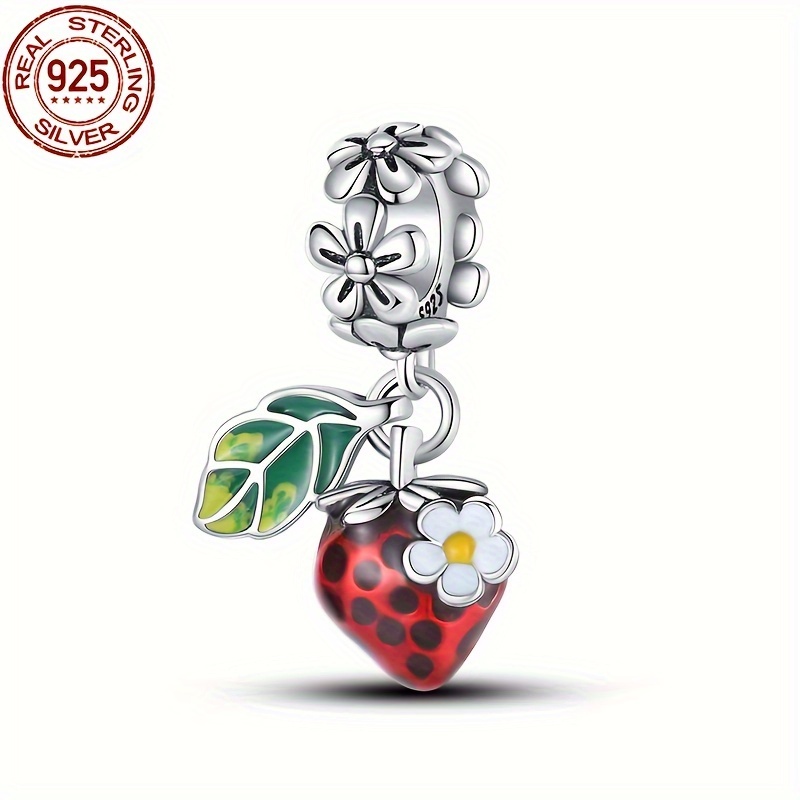 

Sterling Silver 925 Fruit Strawberry Charm Bead With Daisy & Leaf Detail For 3mm Original Bracelet And Bangle, Bead Gift For Women, 4g