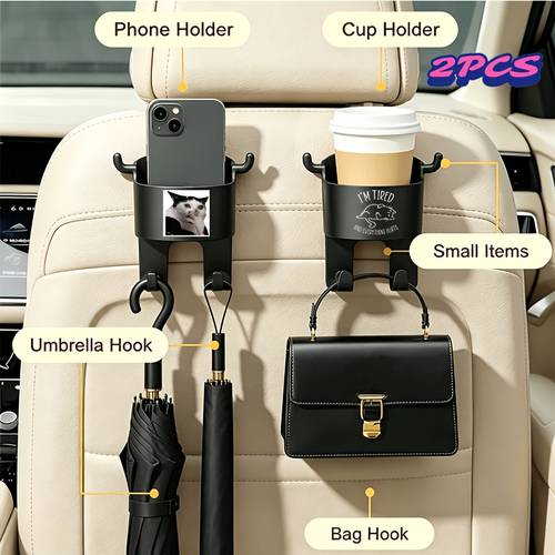 2pcs im and everything multi functional cup holder multi purpose hook versatile car seat back organizer with cup holder phone holder and hooks models for water bottles trash bags keys car organizer rear seat cup