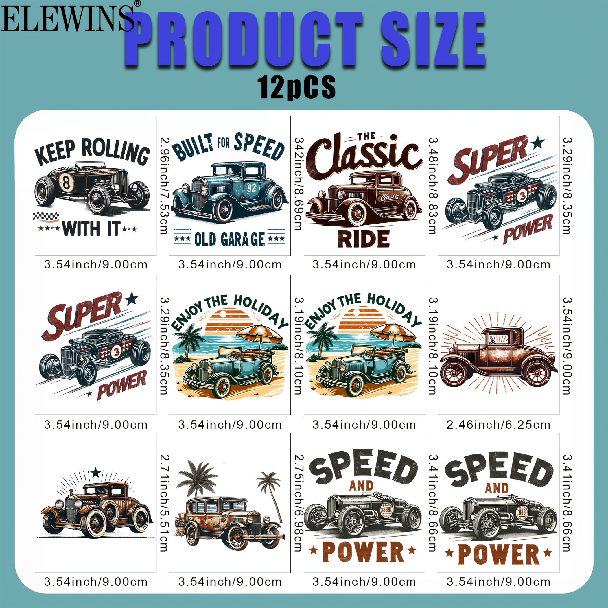 TEMU 12pcs Retro Car Iron On Patches - Heat Transfer Vinyl Decals For T-shirts, Jeans, Hats, Bags - & Stick Fabric Transfers For Clothes, Backpacks
