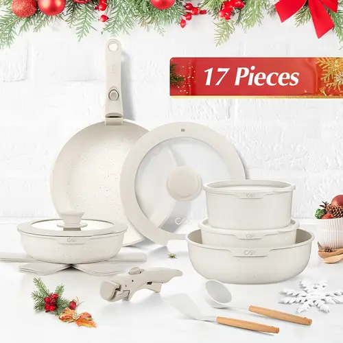 17 piece nonstick pots and pans set non stick kitchen cooking set with removable handle stackable cookware set with detachable handle induction compatible oven safe for effortless cooking beige