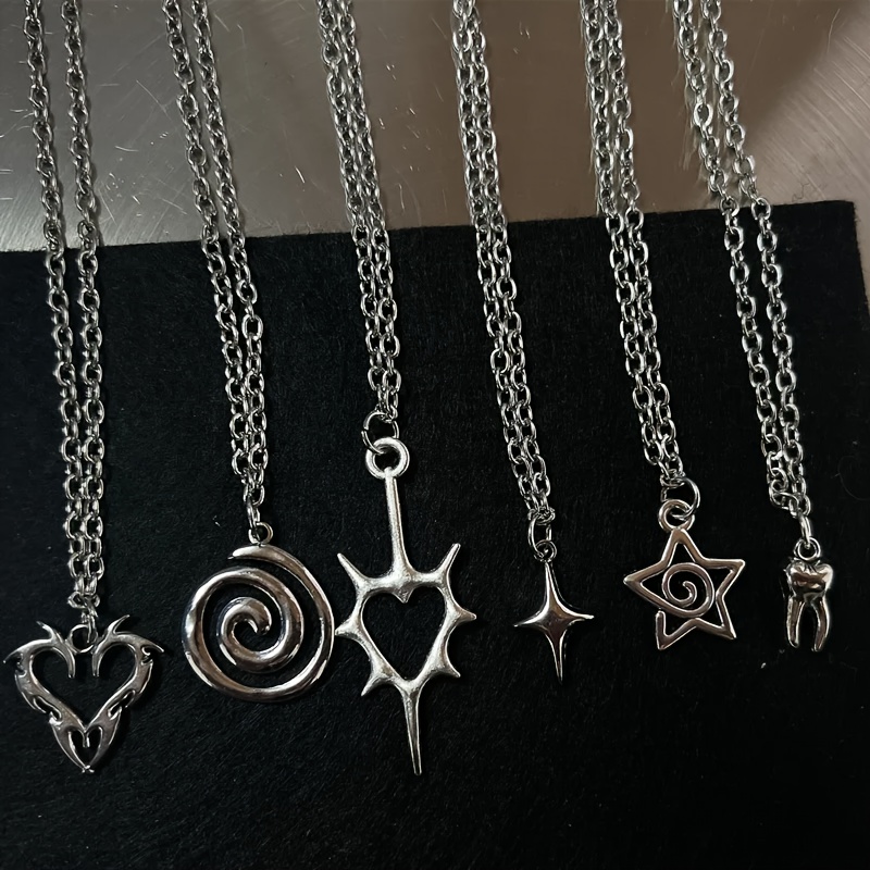 

6pcs Alloy Pendant Necklace Set, Fashionable Grunge Punk Style Jewelry, With , Fire, Heart, Teeth Charms For Women, Ideal For Valentine's Day, 's Day, And Lunar New Year Gifts