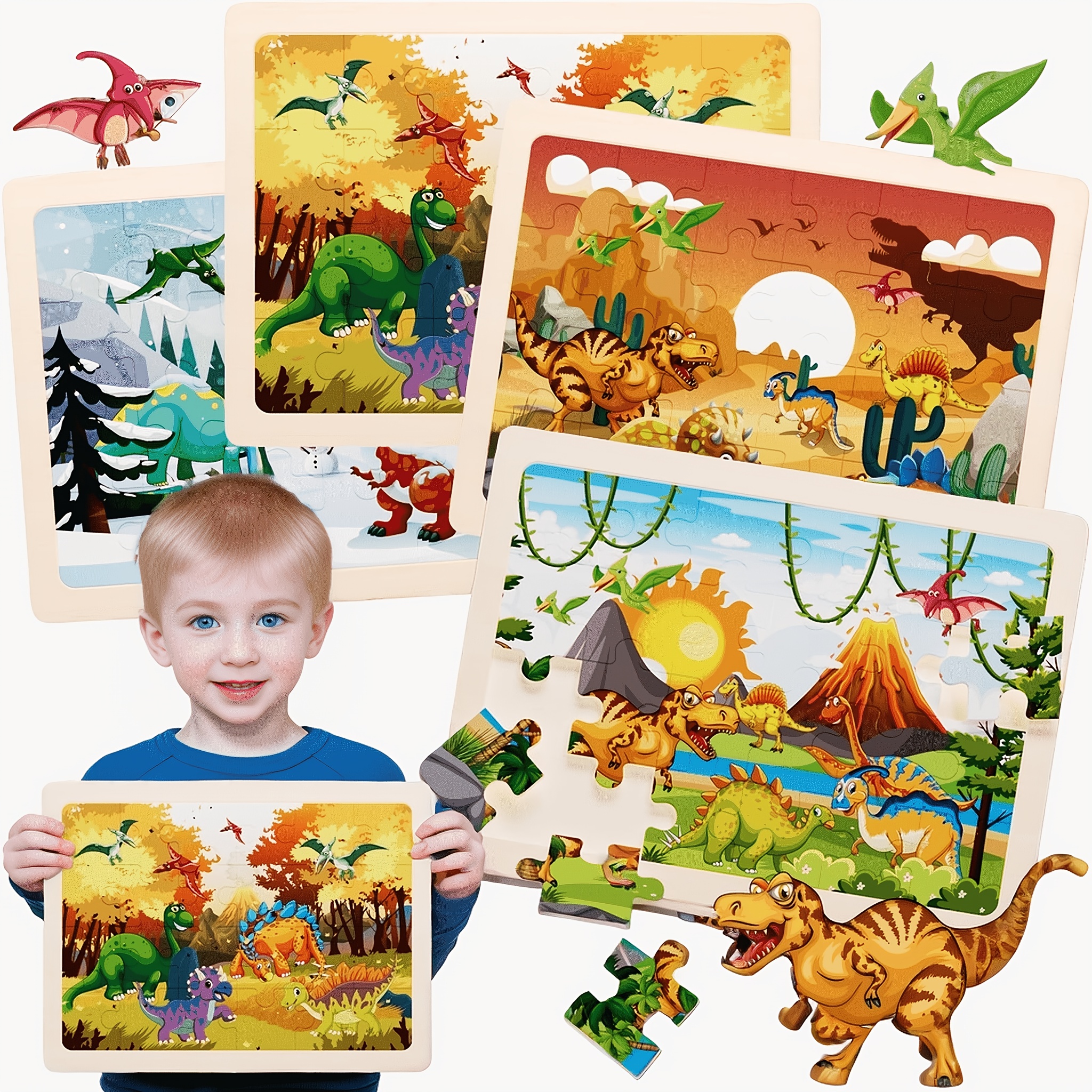 

4 Pack Of 24 Dinosaur Theme Puzzle Game Wooden Puzzle Suitable For 3-5 Year Old Children's Preschool Education Brain Sharp Turn Board Toys 3 4 5 6-year-old Boys And Girls Gift