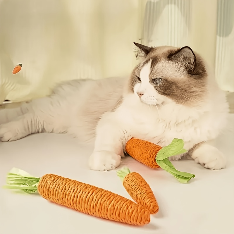 2pcs carrot cat chew toys suitable for all breeds kittens sisal fiber paper rope with chewable teething claw sharpening scratch resistant kitten safe suitable for indoor use   play for tabby   rewarding toys Product details 7