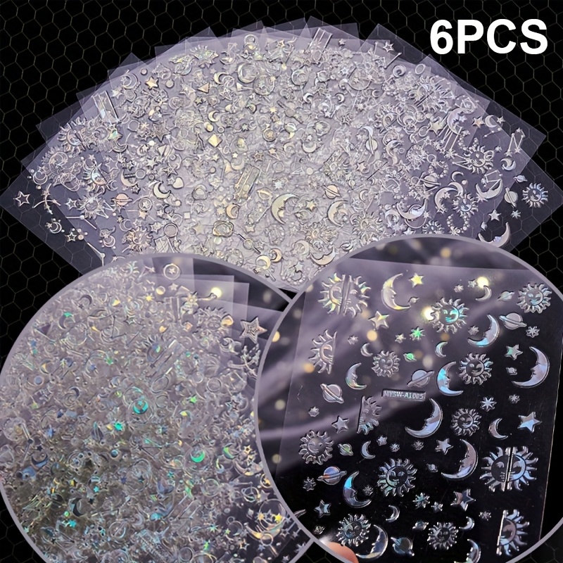 6pcs Holographic Silvery Nail Stickers, Themed 3d Self-adhesive Nail Decals,nail Art Decorations For Acrylic Nail For Women & S Manicure Diy