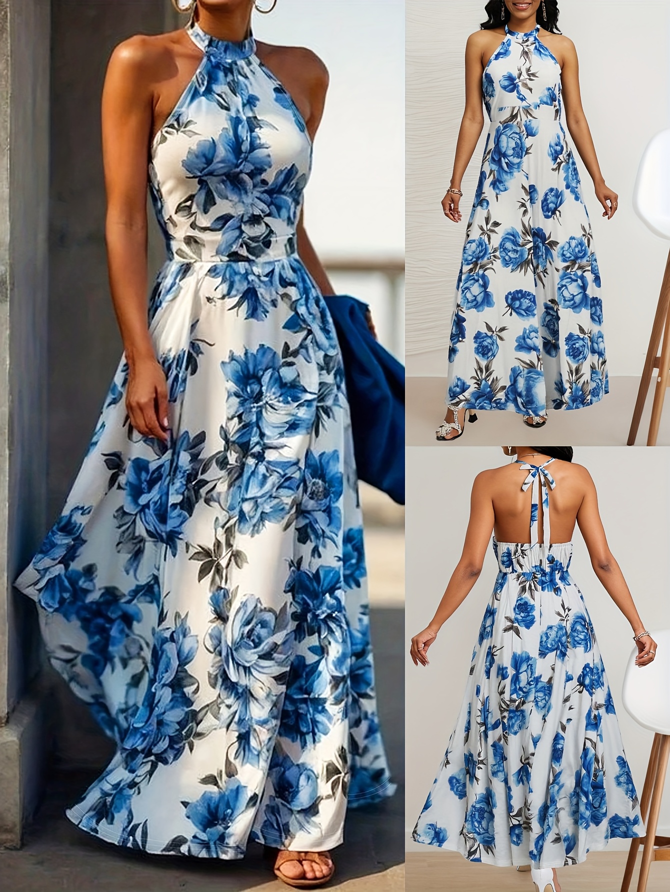 womens elegant sleeveless halter neck maxi dress blue floral print on white fitted summer dress with asymmetrical hem machine washable for beach casual evening outfits beach dresses evening wear flowy fabric 0