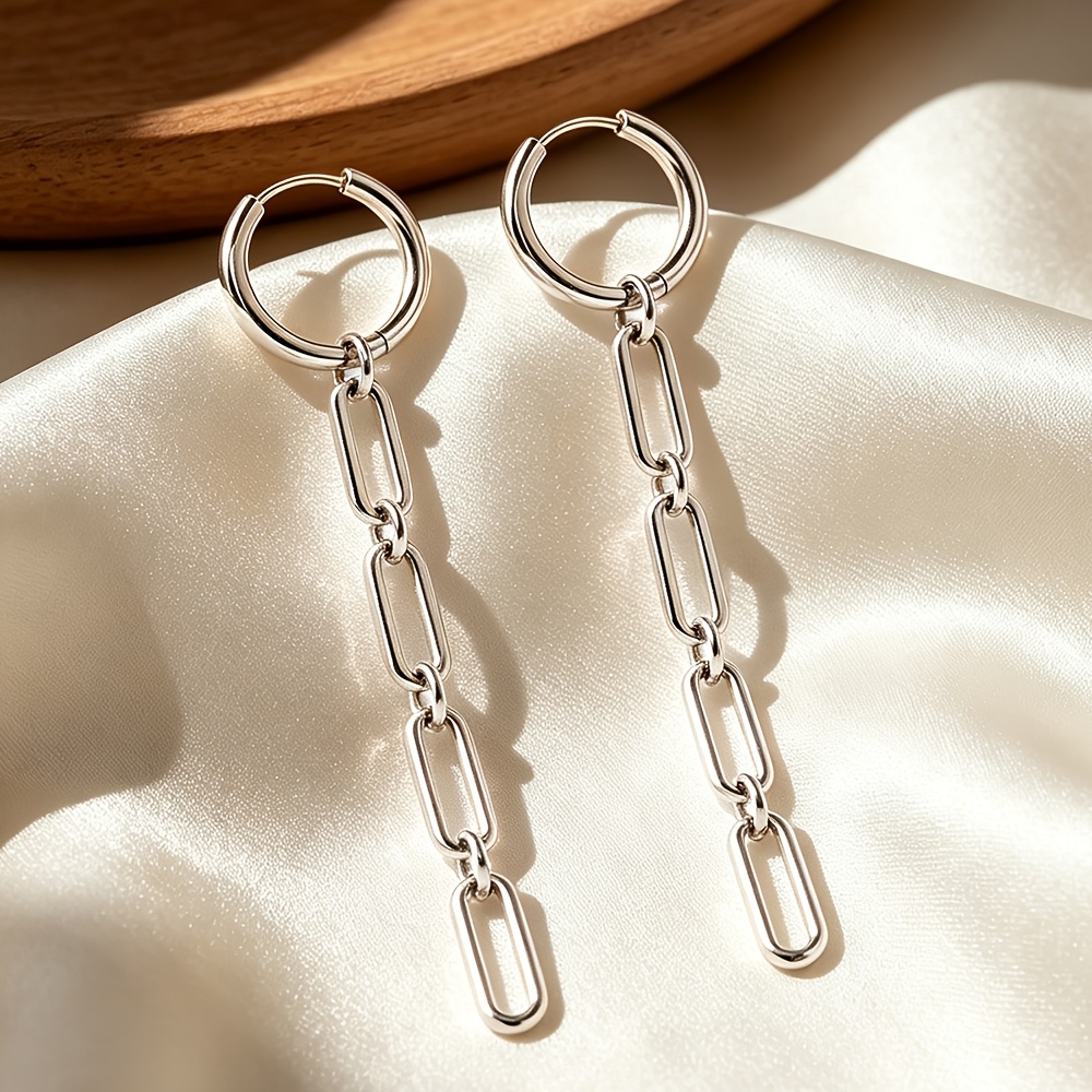 TEMU 1pc Stainless Steel Long Link Drop Earrings For Women, Multi-link Long Chain With Smooth And , Worn To Enhance Facial , Modern Minimalist Style,