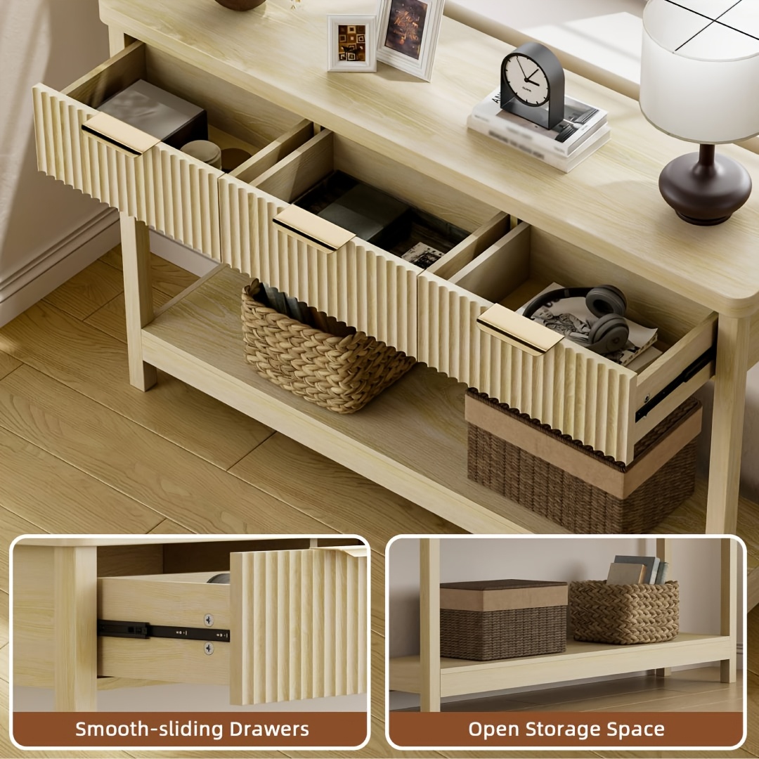 51 IN Fluted Console Table with 3 Drawers, Modern Entryway Table with Metal Handles, Sturdy Solid Wood Design, Hallway Table with Storage, for Living Room And Hallway