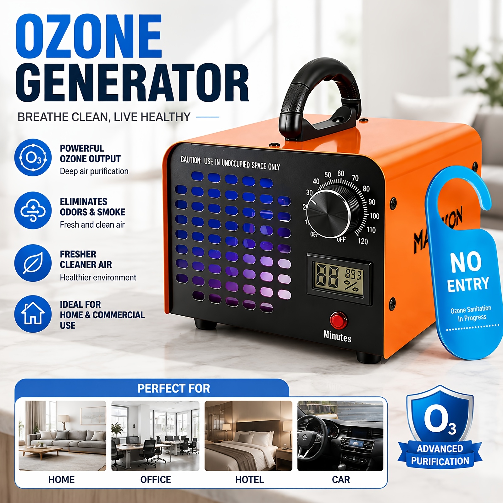 Image of 80w Ozone Generator, Portable Home Ozone Machine With Digital Timer, O3 Odor Eliminator, Formaldehyde Remover, For Room, House, Bathroom, Kitchen, Car Interior Air Disinfection Cleaning, Orange