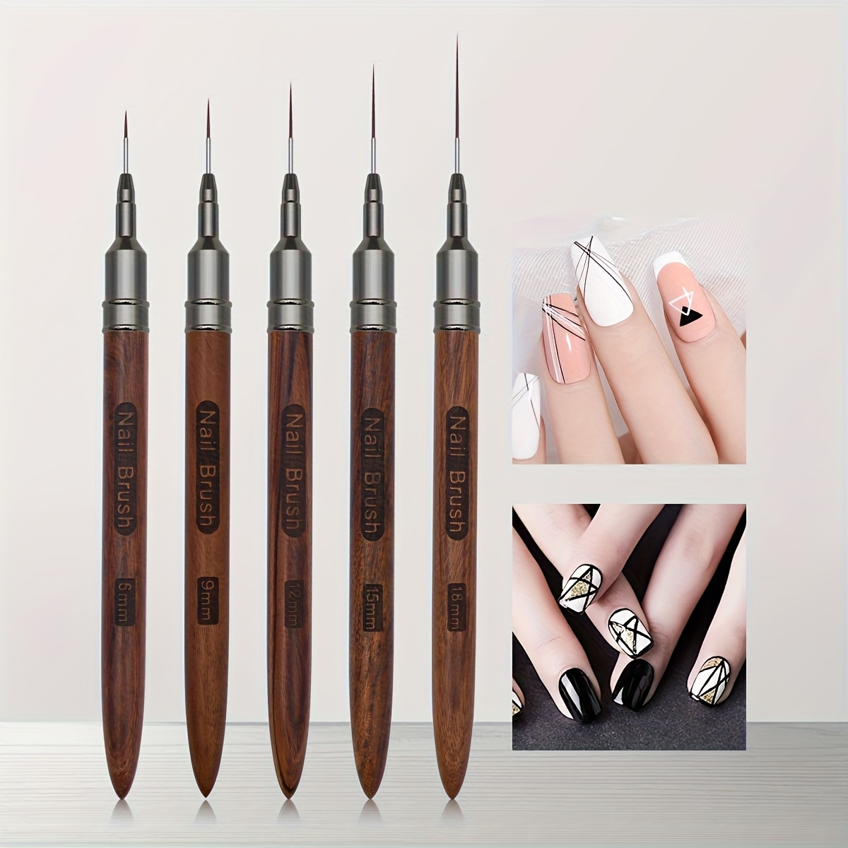 TEMU 5pcs Professional Nail Art Pen Set With Sandalwood Handle & - Hook Line Brushes Suitable For Carving, Diy , Nail Drawing Tools - Nail Pens For Professional & Use