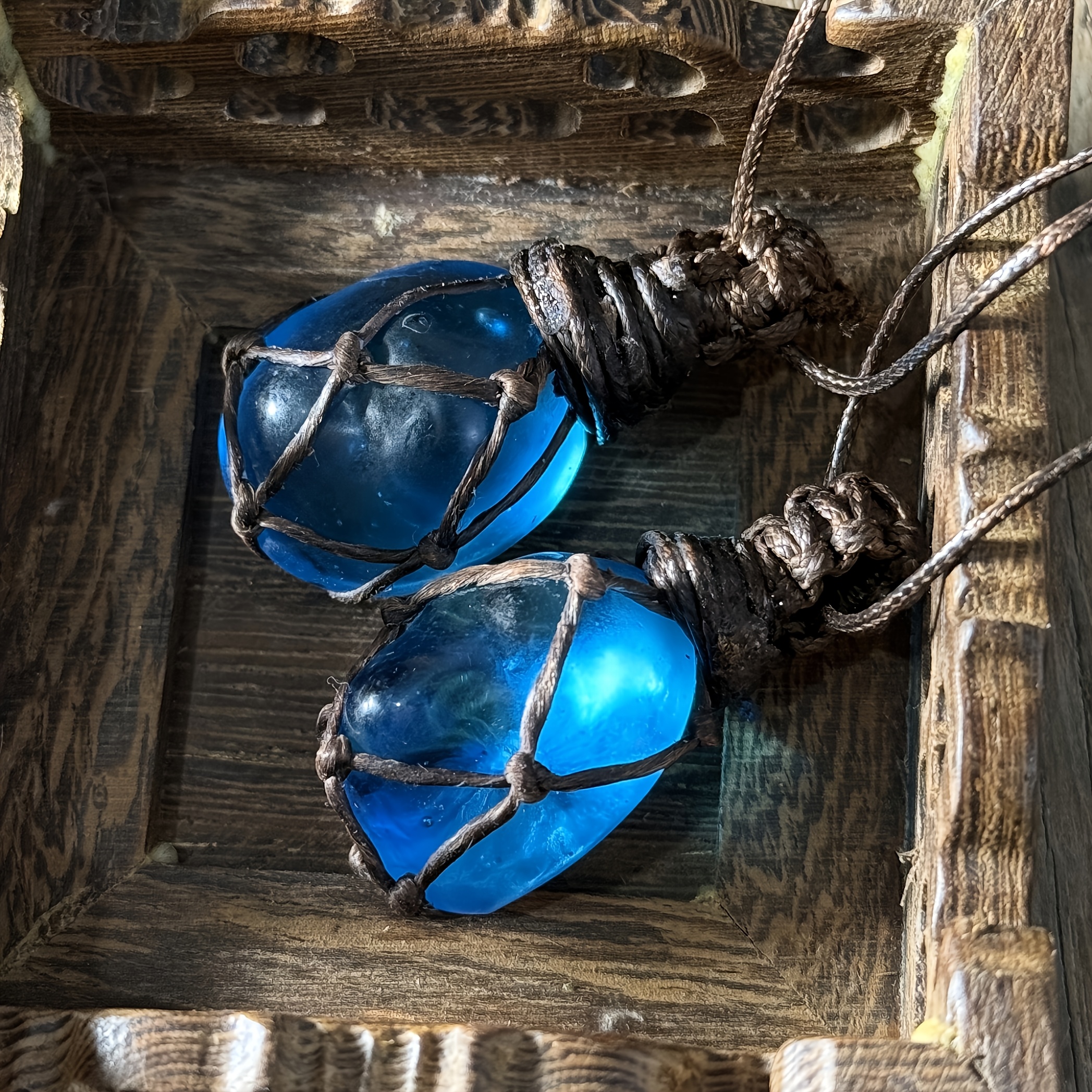 Handmade Vintage Natural Blue Glazed Pebble Pendant Necklace
