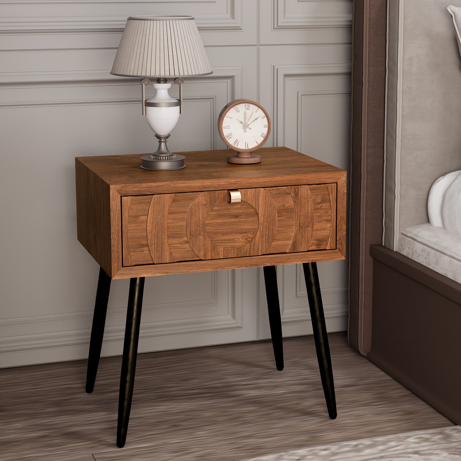 

Wood End Side Accent Table Modern Concentric Circle Pattern Nightstand With Storage For Living Room Or Bedroom
