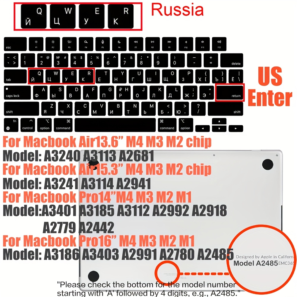 TEMU Russian Keyboard Cover For Macbook M4, M3, M2, M1 - Scratch-resistant Silicone, Soft & Flexible, Black With Russian Layout, 13.6
