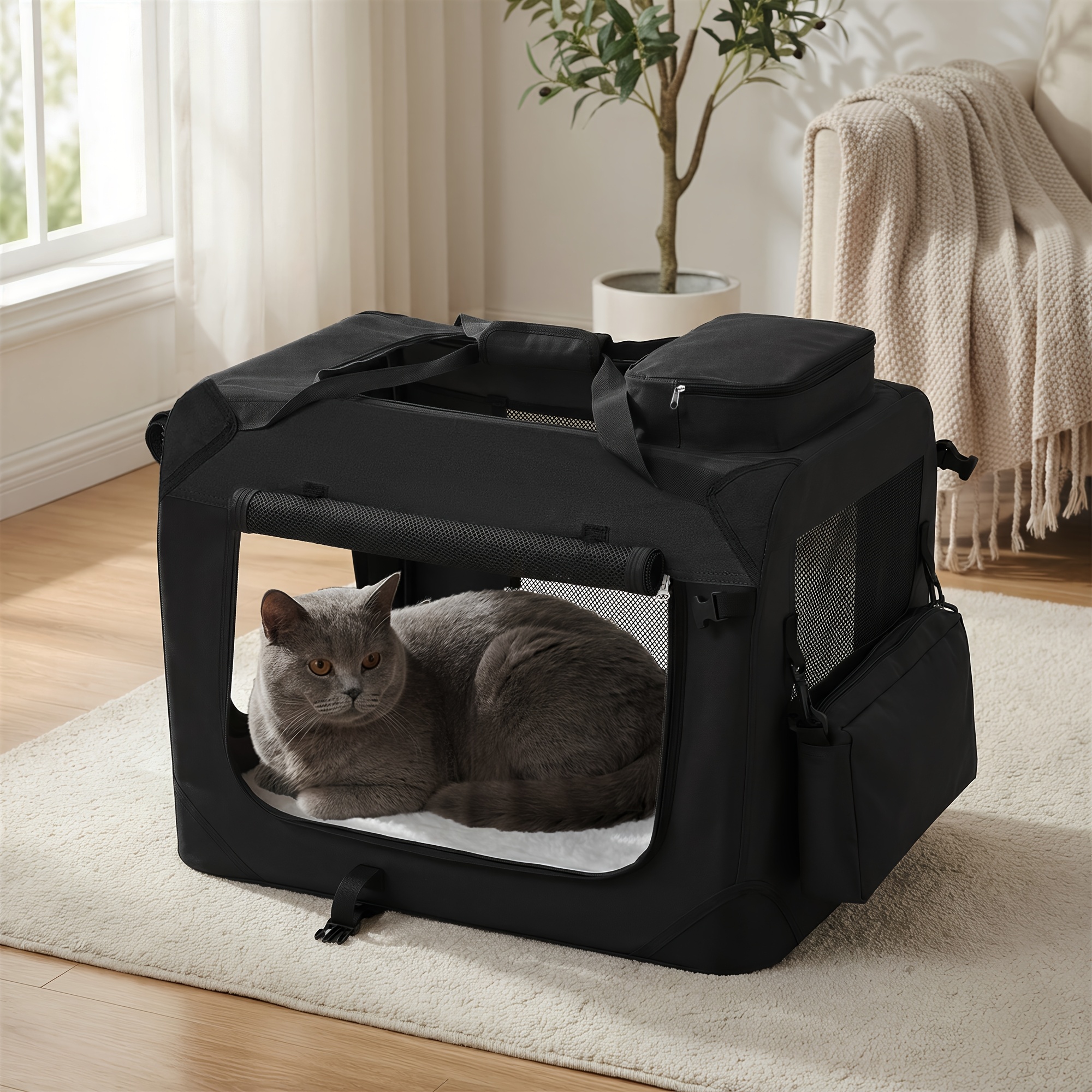 TEMU Foldable Dog Box, Dog Transport Box, S, Dog Bag, Oxford Fabric, Mesh Fabric, Breathable Portable Transportable, Metal Frame, With Handles,