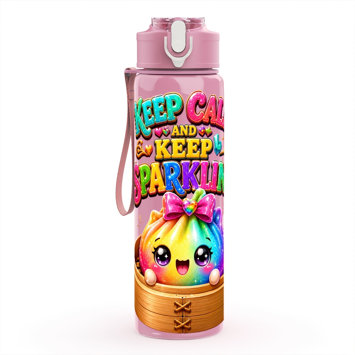 TEMU 1pc Plastic Water Bottle, Glitter Dumpling-themed Printing, Travel, Holiday & Must-have, 25oz/750ml - Ideal Portable Design, Large Capacity,