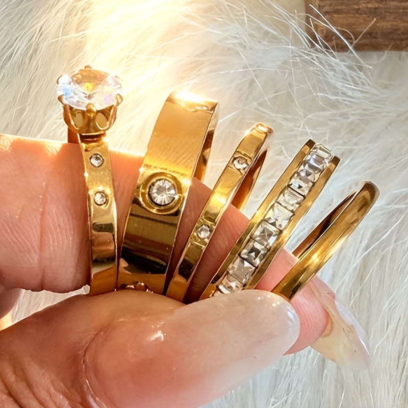 TEMU Znice 5pcs 18k Golden Plated Women' Steel Ring Set, Stackable Dainty Flower Rings, Non-tarnish Jewelry, Suitable For Everyday And Party Wear,
