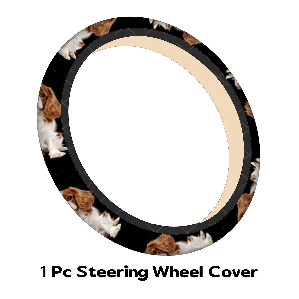 TEMU 1pc Adorable Brown White King Charles Spaniel Puppy Pattern Steering Wheel Cover, Easy-to-install Car Steering Wheel Cover, Perfectly Fits Most